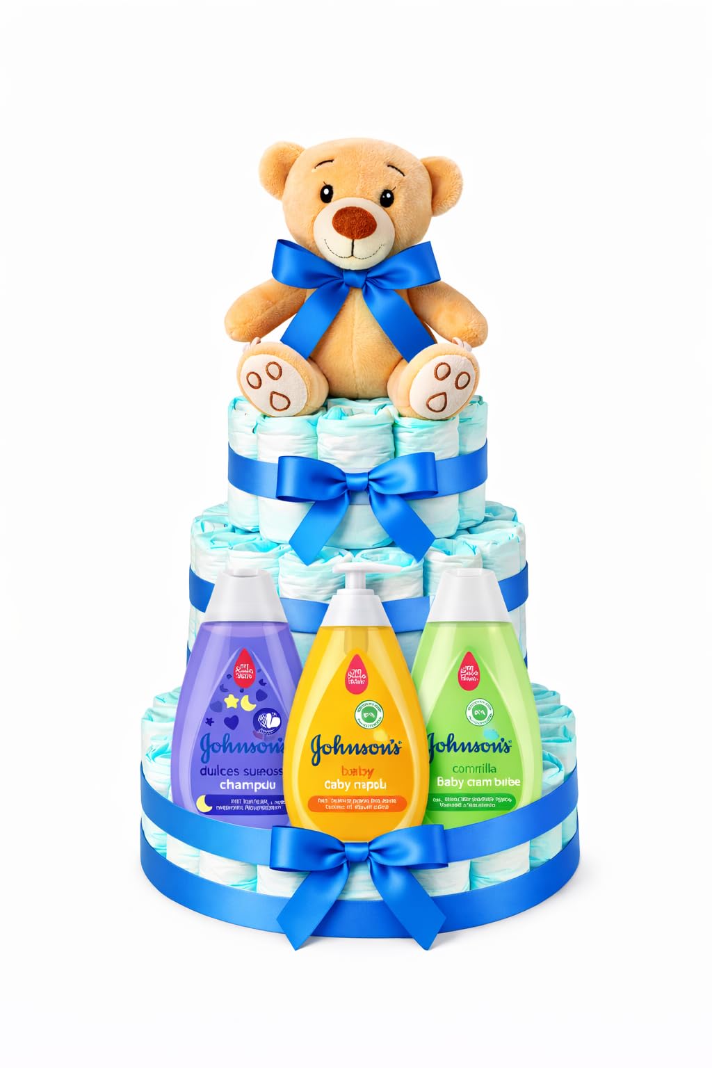 Tarta de pañales Jhonson´s baby azul (Talla 2 (3-6 kg)) by MomentosGourmet Añade tu dedicatoria personalizada. Regalo para bebé muy práctico. Cesta Canastilla recién nacido. Diaper Cake