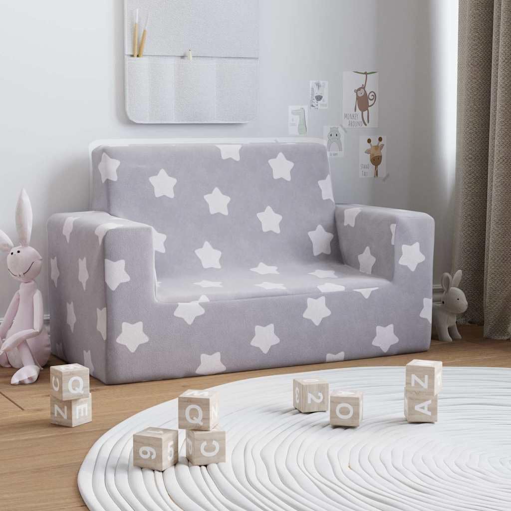 Sofa dziecięca 2-osobowa, jasnoszara z gwiazdkami, wykonana z miękkiego pluszu, do pokoju dziecięcego, zajmuje mało miejsca, ze zdejmowanym pokrowcem, trwała, idealna do relaksu, czytania