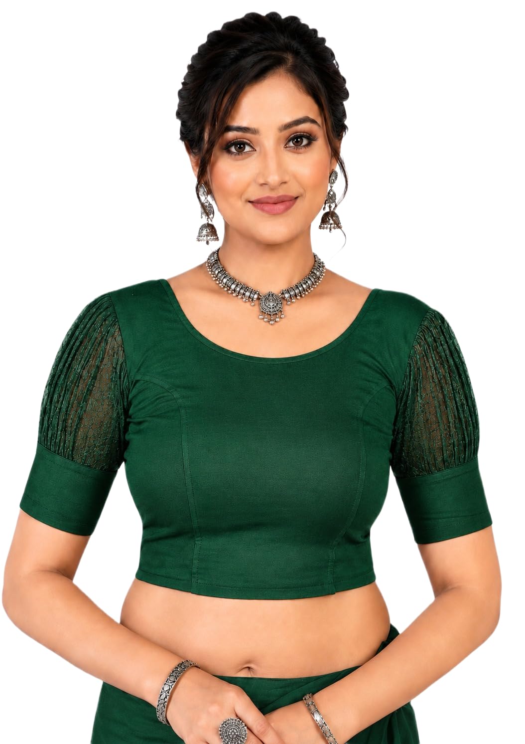 Women’s Puff Sleeve Saree Blouse – Round Neck Stretchable Readymade Designer Blouse for Women-picture-33
