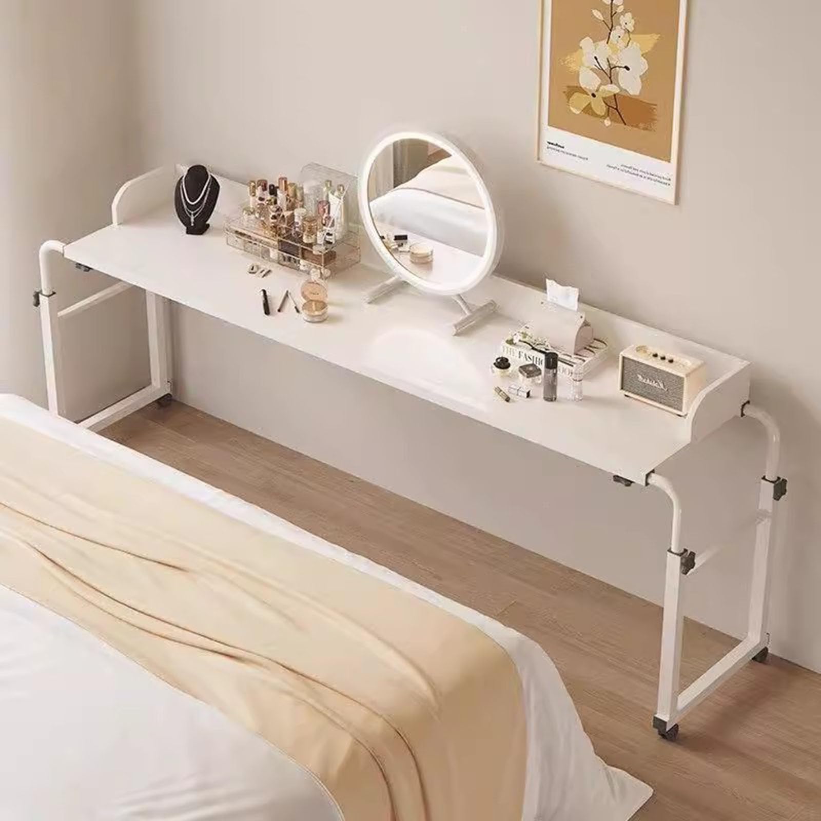 ZHFASDS Over Bed Tables,Laptop Cart Over Bed Desk Over Bed Desk Height Adjustable 65-95cm Over Bed Table Adjustable Height And Length With Wheels Rolling Bed Bar Table(Color:White)