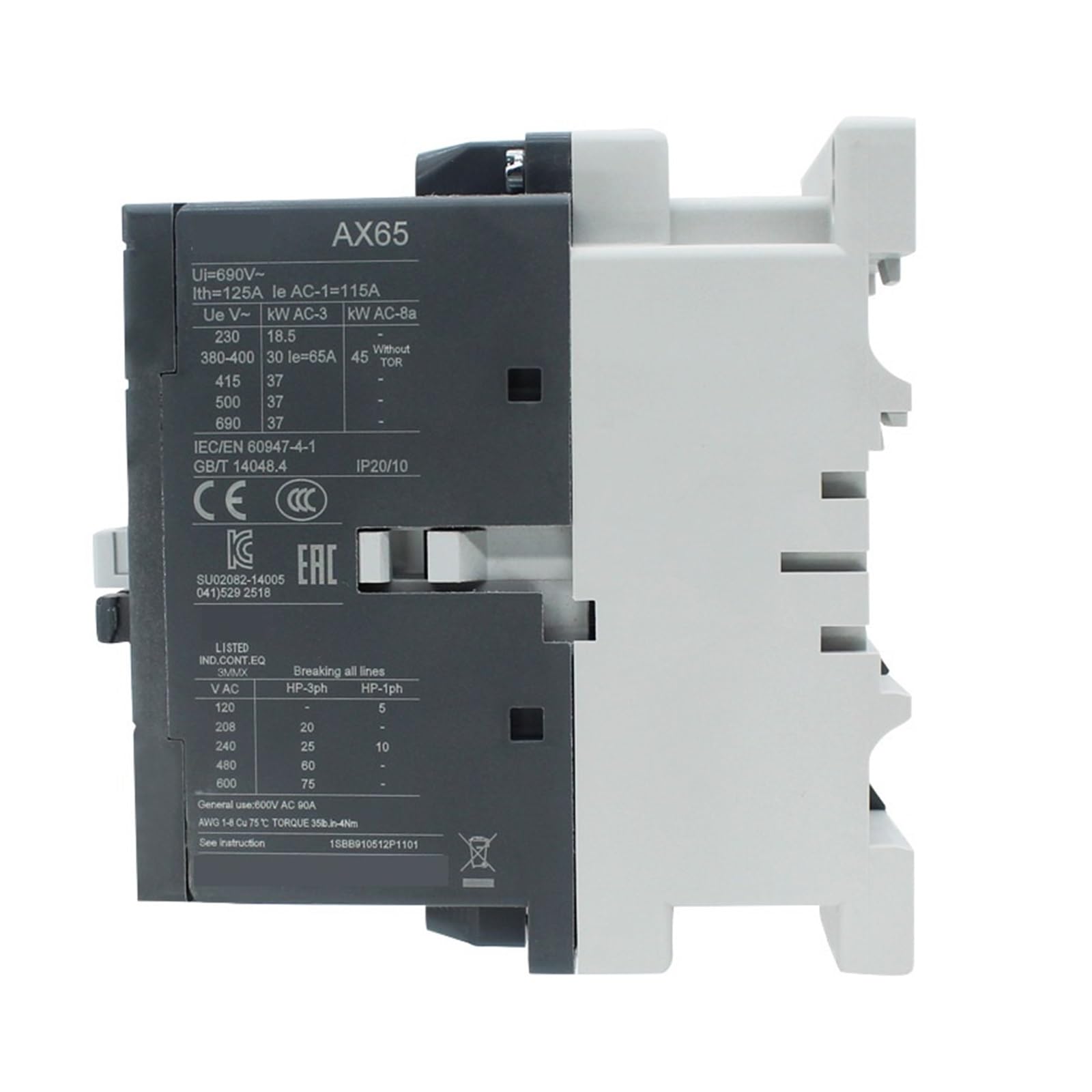 Contacteurs à 3 pôles série AX 1NC et 1NO 50HZ/60HZ 24V~440V 65A AX65-30-11(AX65-30-11 220V)
