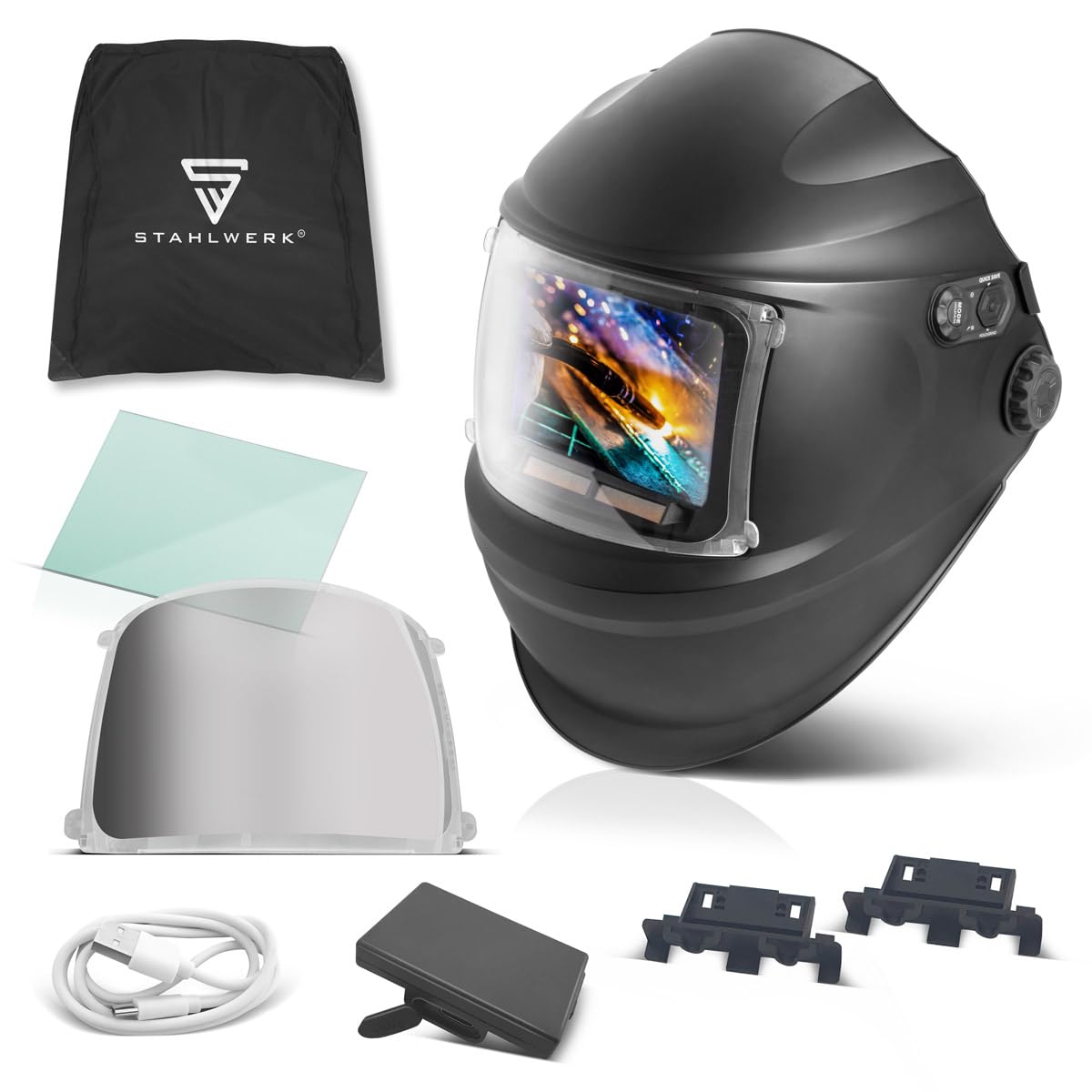 STAHLWERK Automatik-Schweißhelm 3-in-1 Raptor – Schweißerhelm mit True-Colour, LED-Licht, autom. Abdunkelung DIN 4-13, optische Klasse 1/1/1/2, Sichtfeld 116 x 81 mm, Schweißschild, Schweißmaske