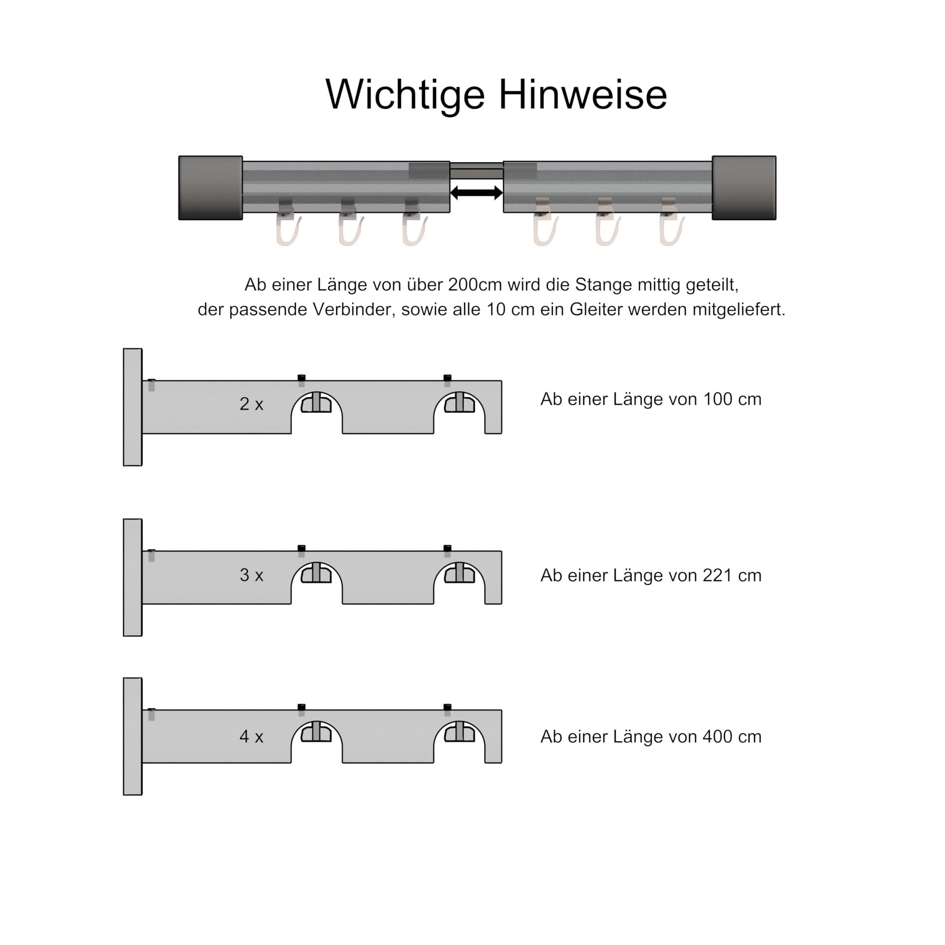tilldekor Innenlauf Gardinenstange nach Maß, Andrax 2-läufig Edelstahl-Optik, 16mm Durchmesser, auf Maß gefertigt, 260 cm, inkl. Trägern und Endstücken