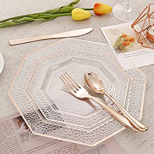 Wellife 30 Guests Rose Gold Plastic Plates With Silverware, Disposable Rose Gold Dinnerware, Includes: 30 Dinner Plates, 30 Dessert Plates, 30 Cutlery, For Weddings #TOP2