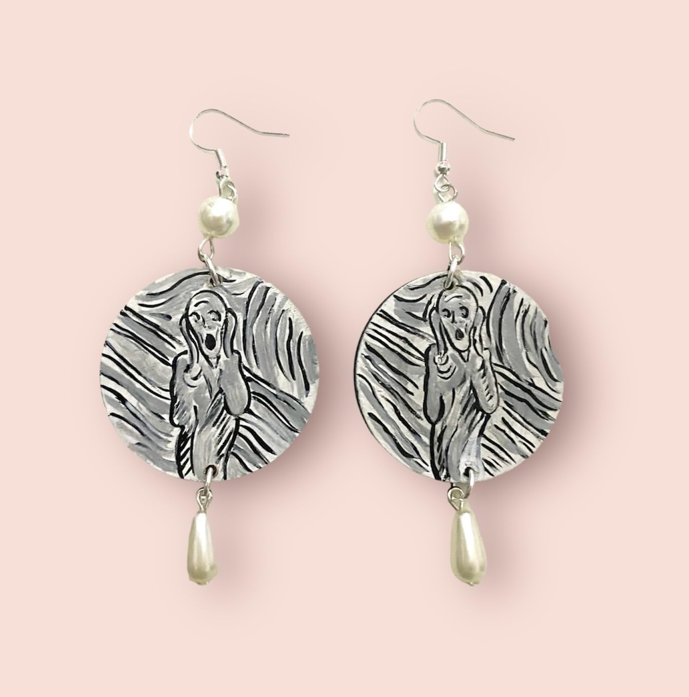 Boucles d'oreilles peintes à la main - LE CRI DE MUNCH CARTOON NOIR ET BLANC - Boucles d'oreilles pour femme, Bijoux en bois peint, Crochet en argent, Made in Italy, Bijoux, Artisanat