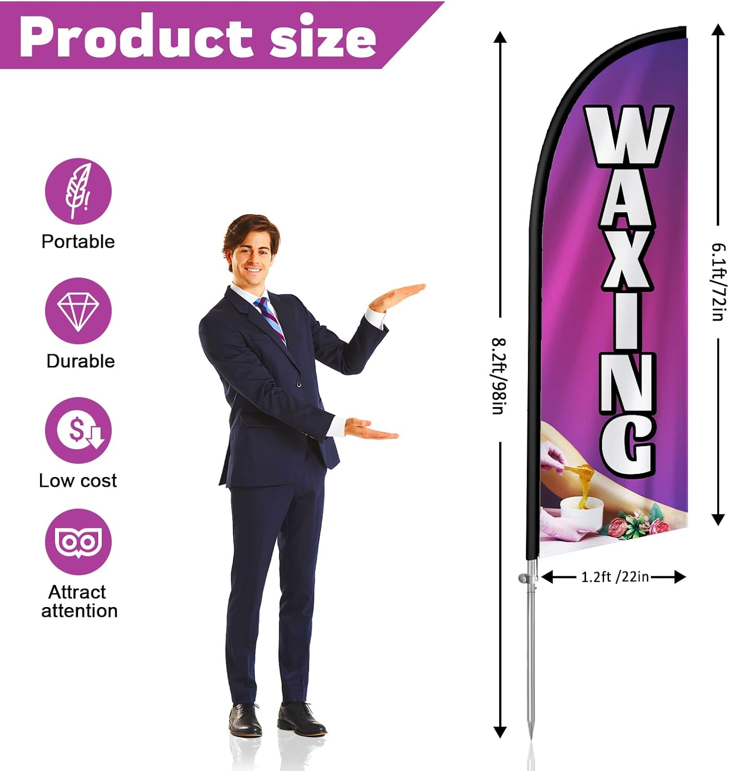 Waxing Flag for Business, Waxing Signs, 8FT Polyester Advertising Swooper Flag with Aluminium Alloy Flag Pole Kit, Stainless Steel, Ground Spike, Portable Bag