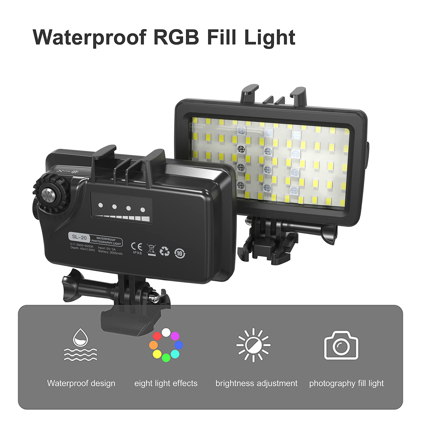 Andoer SL-20 Luz de Relleno RGB Impermeable Luz de Video LED, Regulable IPX8 Submarino 40M para bucear Snorkel Fotografía submarina Reemplazo de Video para GoPro Hero 9/7/6/5