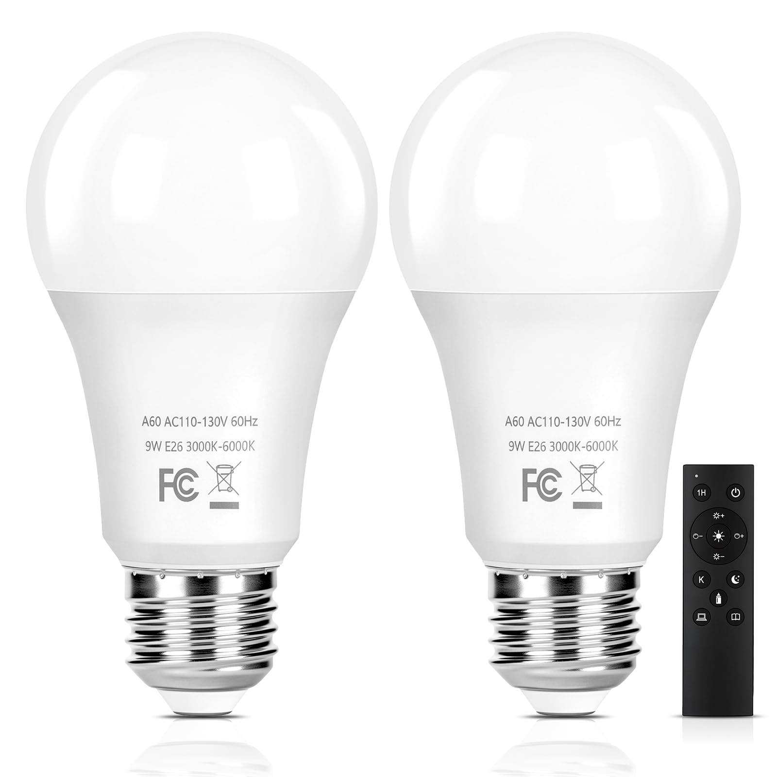 3000K-6000K, 900LM, CRI 90+, Energy Saving LED Bulbs with Timer for Living Room Bedroom Table Lamp Floor Lamp, 2-Pack Yochoice A19 Remote Control Light Bulbs 9W, Dimmable, 60 Watt Eq, E26 Base