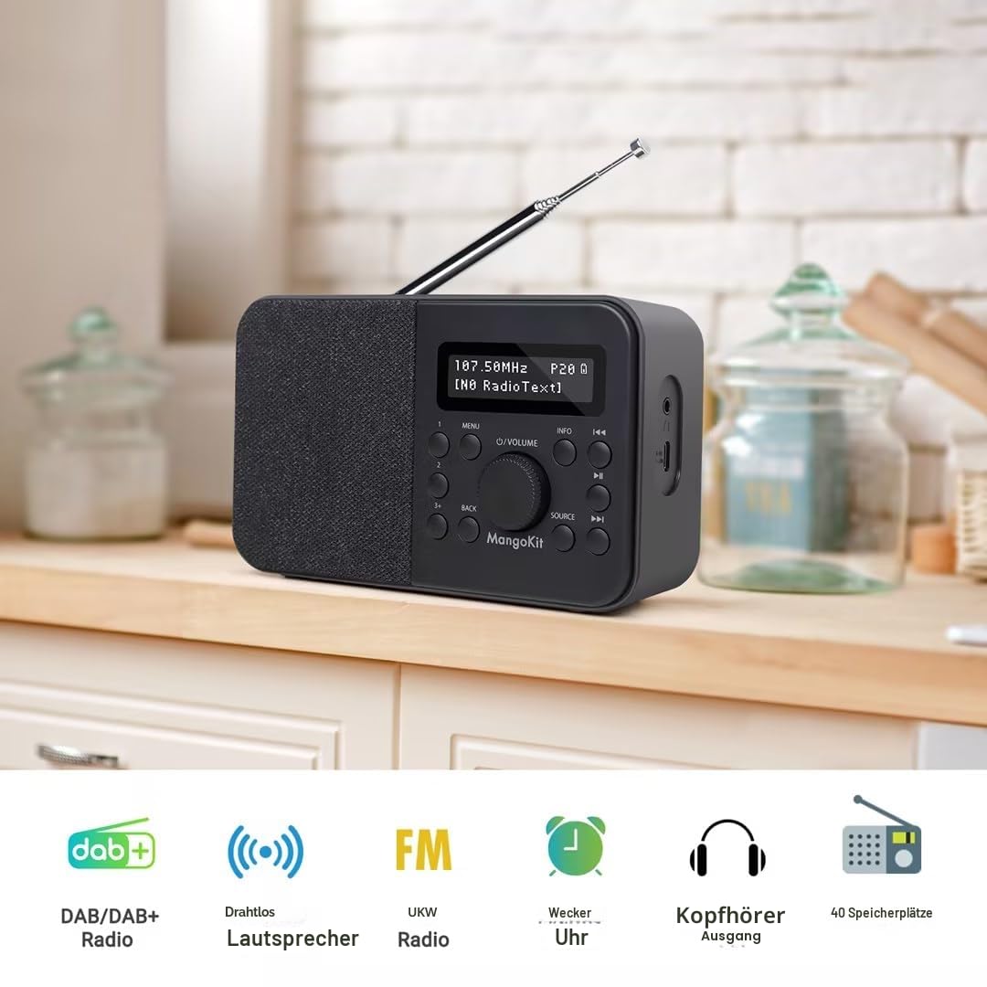 PR2S Tragbares DAB+ Digitalradio,Küchen-FM-Radio,Bluetooth-Lautsprecher,Persönliches DAB-Radio,Display,Alarm & Uhr,40 Preset-Stationen,Kopfhöreranschluss -Schwarz