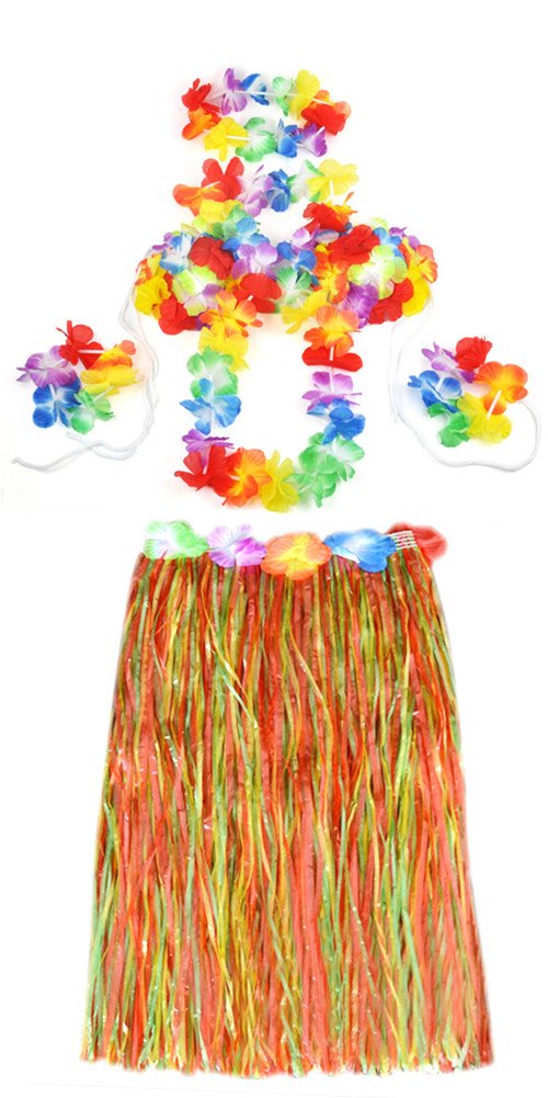 6pcs Set Hawaiian Costume Outfit Grass Skirt Bra Flower Hula Lei Garland Fancy Dress Costume Party
