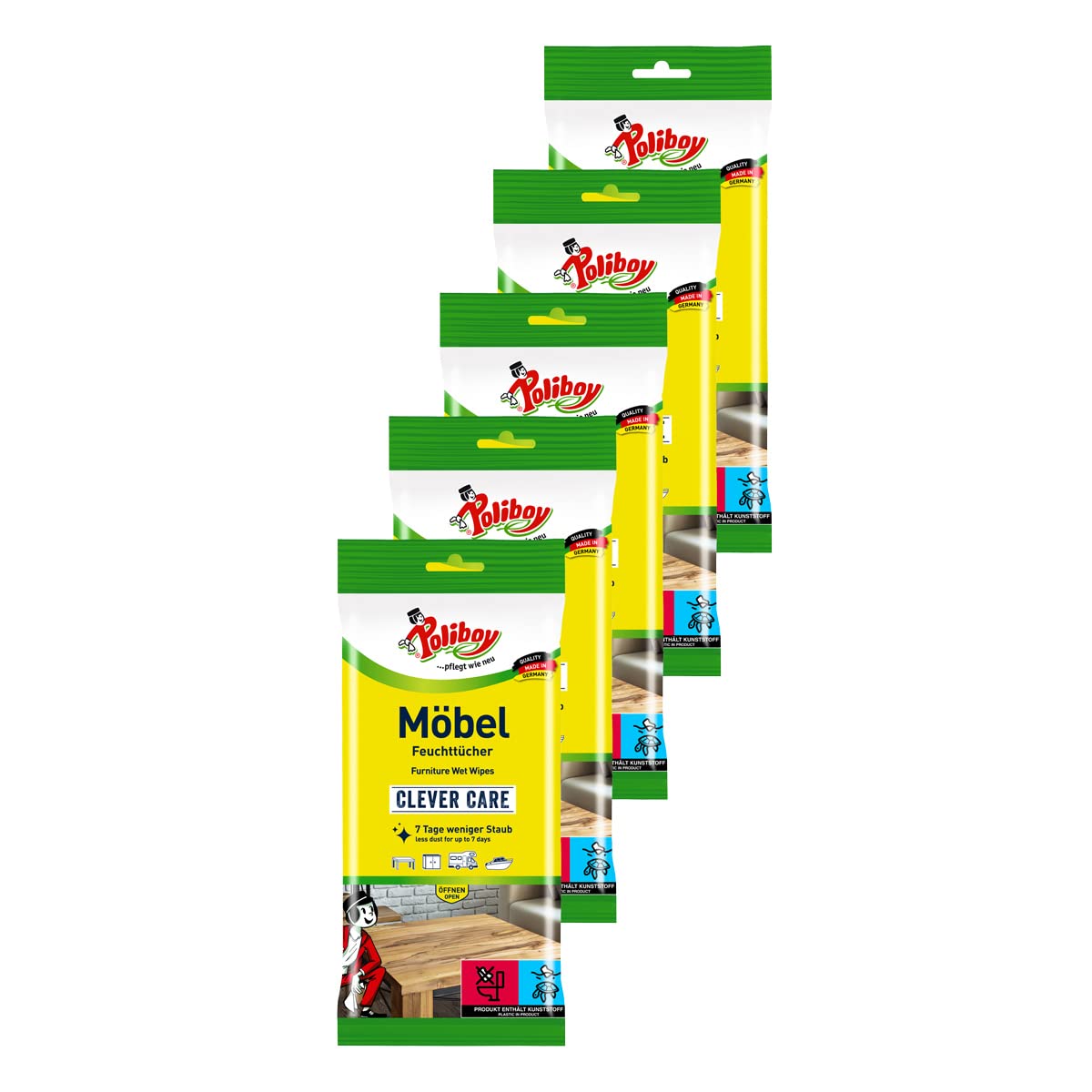 Poliboy - Staubmeister Möbel Feuchttücher - speziell für Holzoberflächen entwickelte Reinigungstücher - 5er Pack - 5x24 Tücher - Made in Germany