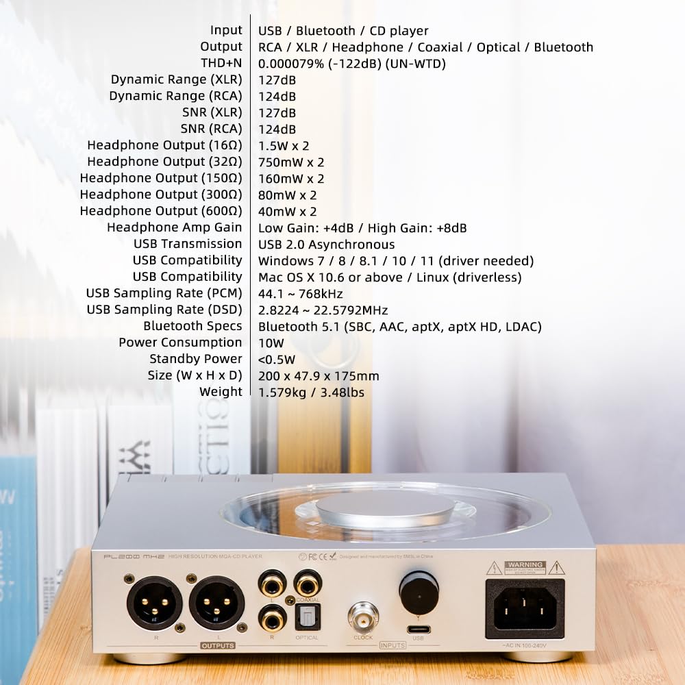 SMSL PL200 MK2 All-in-One lettore CD DAC amplificatore per cuffie, ES9039Q2M Desktop HiFi Audio