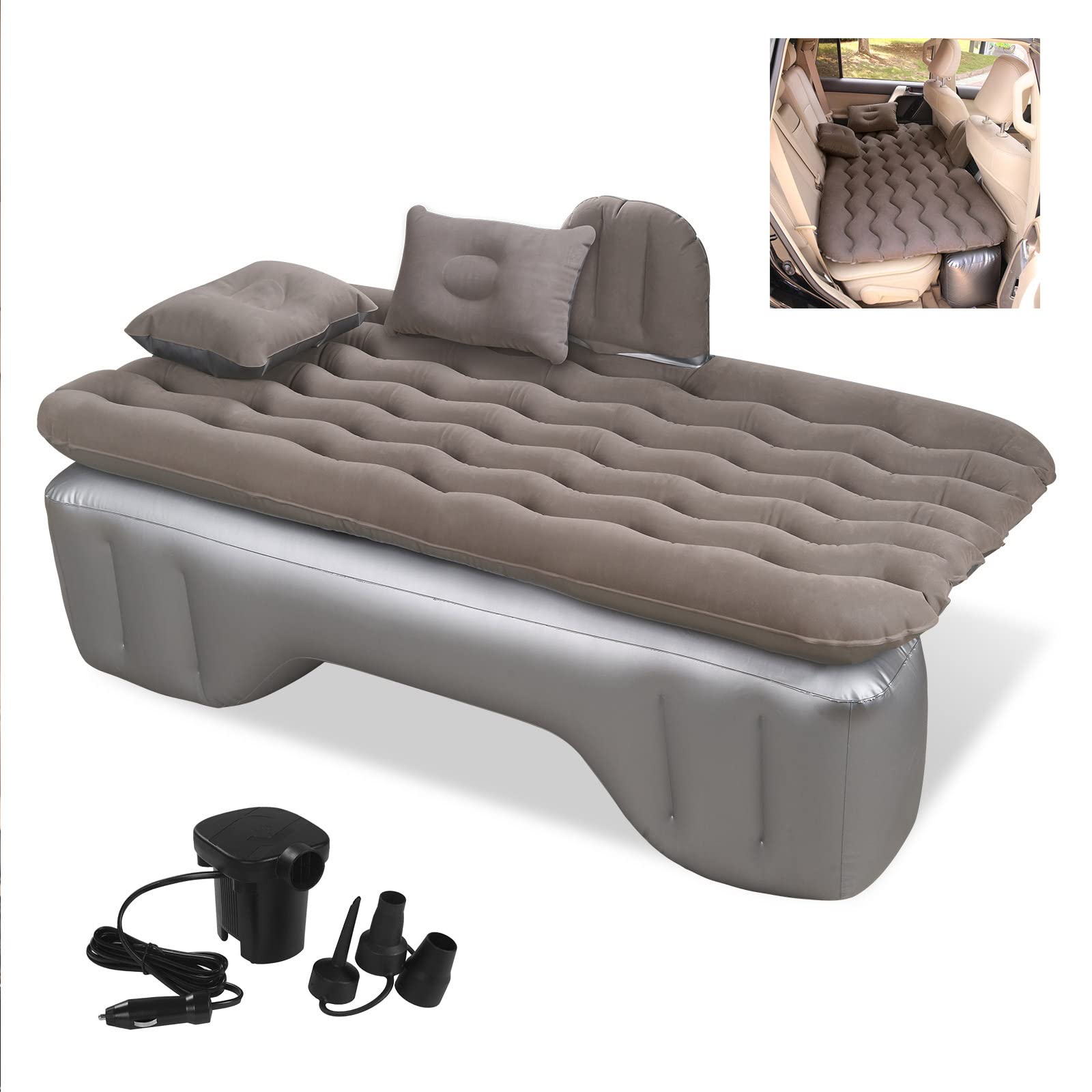Auto Luftmatratze 128x70cm Aufblasbare Matratze für Rücksitz & Kofferraum, Tragbares Auto Reisebett inkl. 2 Kissen, Dickere Kofferraum-Matratze für Camping, Reisen und Outdoor Grau