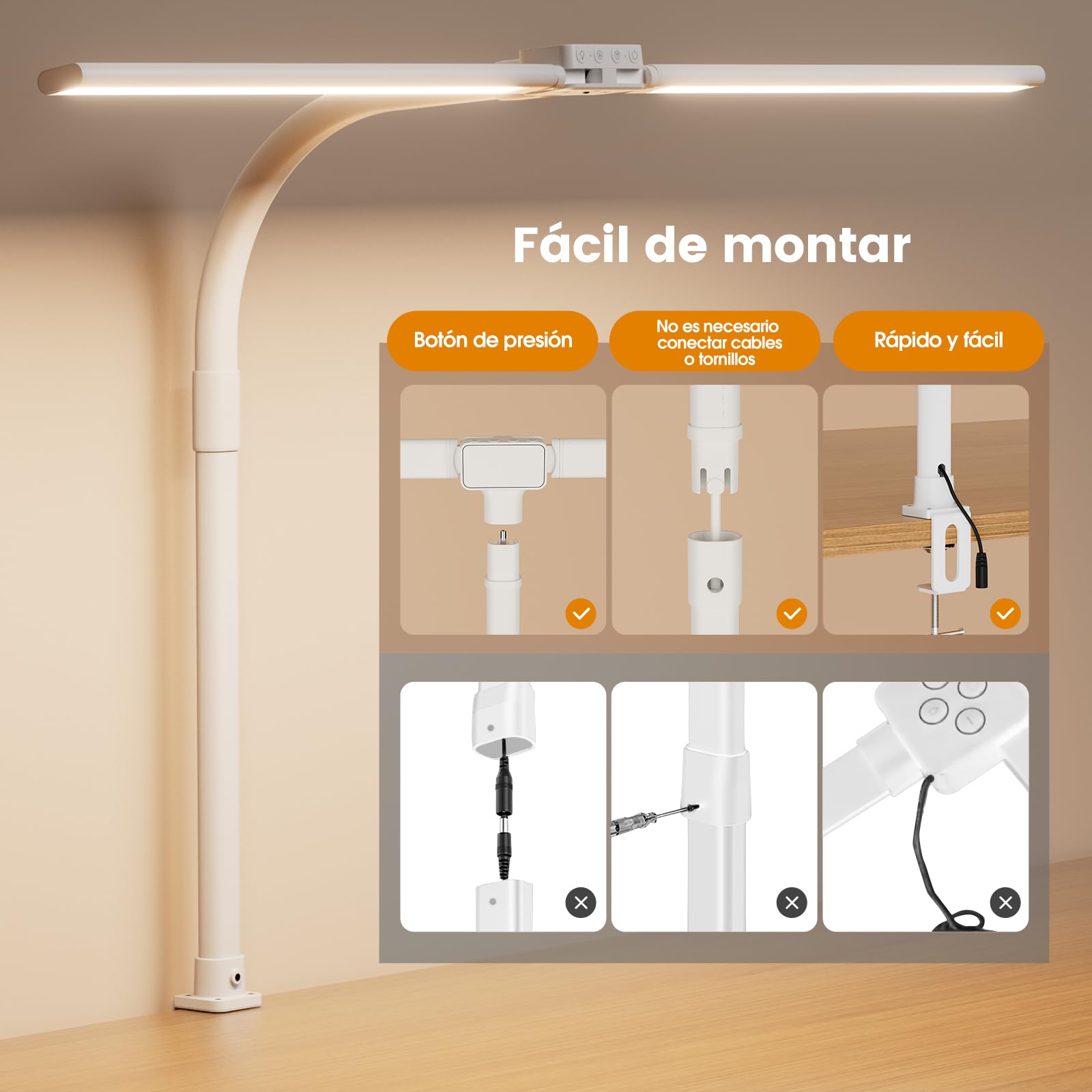 SIBRILLE Lampara Led Escritorio con Pinza, Lámpara De Escritorio Giratoria Para Ordenador Y Oficina En Casa, Lámpara De Escritorio Regulable Ajustable Con Cuello De Cisne, Doble Cabezal, Blanco