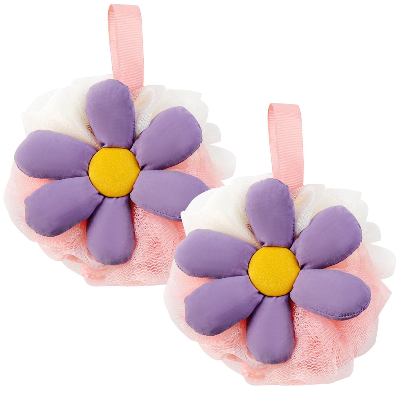 2 esponjas de baño de flores bonitas de malla de lufa, esponja exfoliante para mujer, esponja de ducha suave para piel sensible en accesorios de baño de belleza