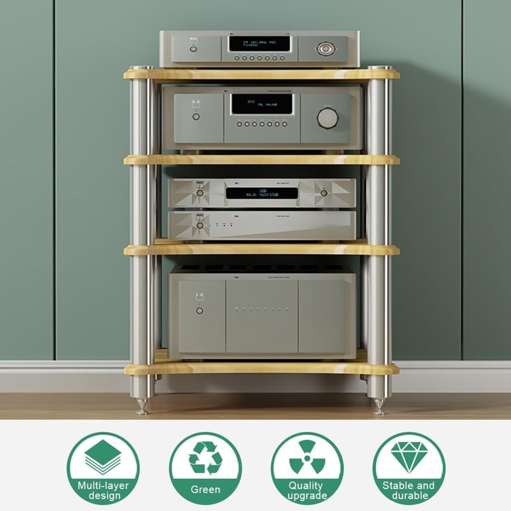 Wielofunkcyjny stojak Hi-Fi - 4-poziomowy stojak z płyty MDF, drewniane wykończenie, meble do wzmacniacza i sprzętu, organizer do kina domowego, 60 x 48 x 85 cm - idealny dla audiofilów i entuzjastów