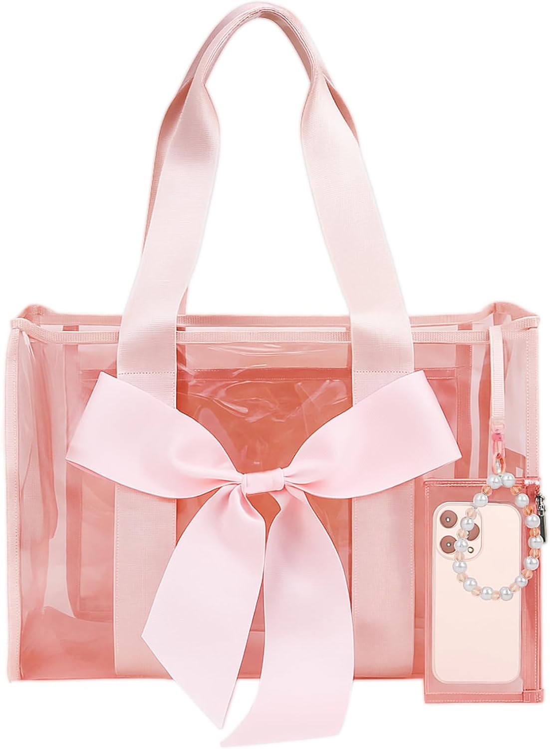 Beach Tote Bag for Women,Pink Beach Bag with Bow,Large Waterproof Zipper Bag