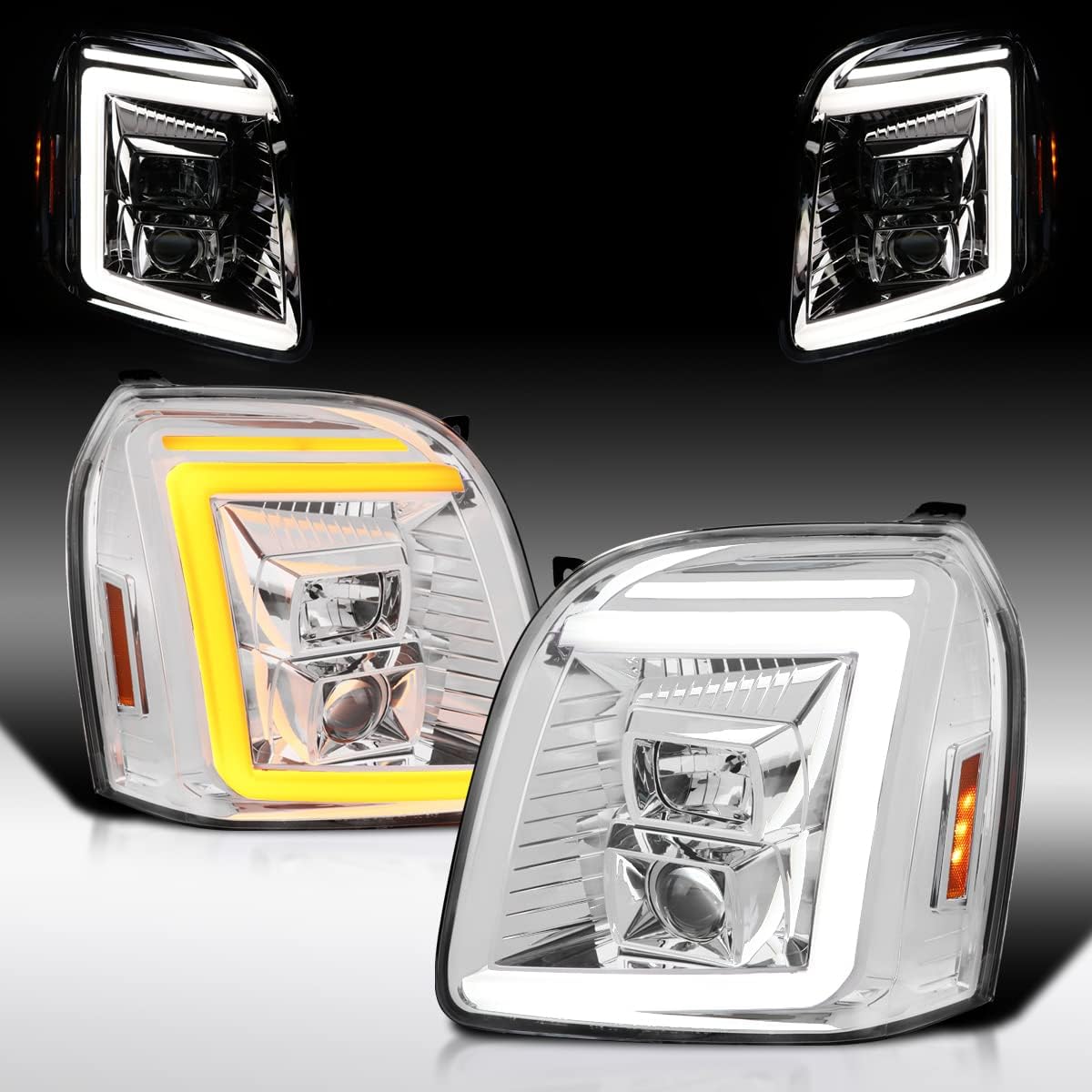 Autozensation Compatible with 2007-2014 GMC Yukon XL Denali Chrome Housing Clear Lens Sequential LED Signal Projector Headlights Left + Right Pair Headlamps Assembly