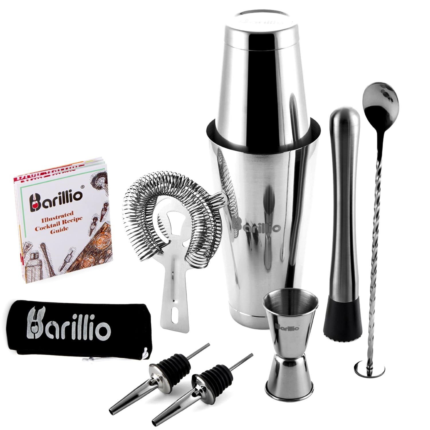 Sponsored Ad - Barillio Boston Shaker Set - Stainless-Steel, Weighted, Martini Cocktail Shaker Set w/Strainer & Mixer - Mixology Bartender Kit - Bar Set for The Home - 9-pc Drink Shaker Set - Bar Tools - Silver