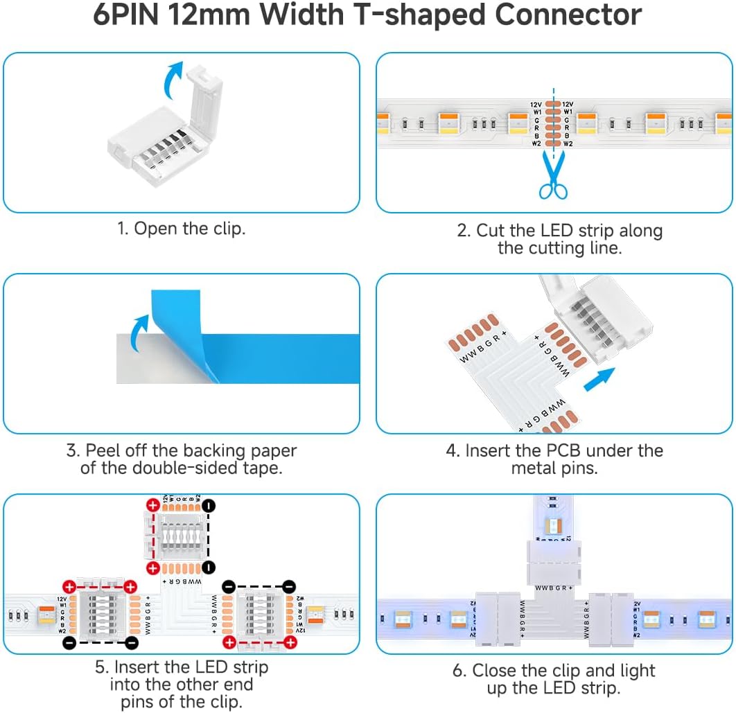BTF-LIGHTING 6Pin 12mm SMD LED Connector Kit 6 Pin L Splitter Right Angle Corner,T Shape,Solderless Gapless Connector, Strip to Strip Jumper Wires for PWM SMD RGBCCT Strip Lights - Image 5