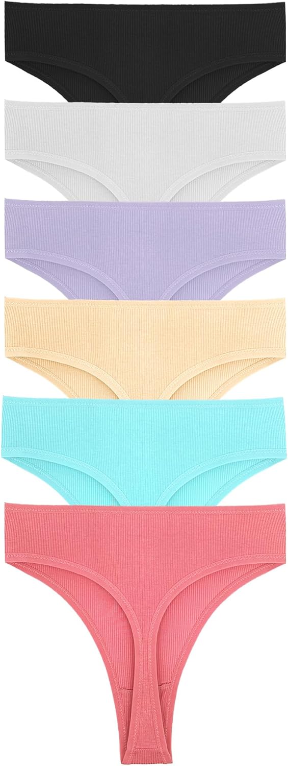 High Waist Thong Underwear Women Ribbed Cotton Tummy Control Thongs Panties Size S-4XL Pack 6 - Image 4