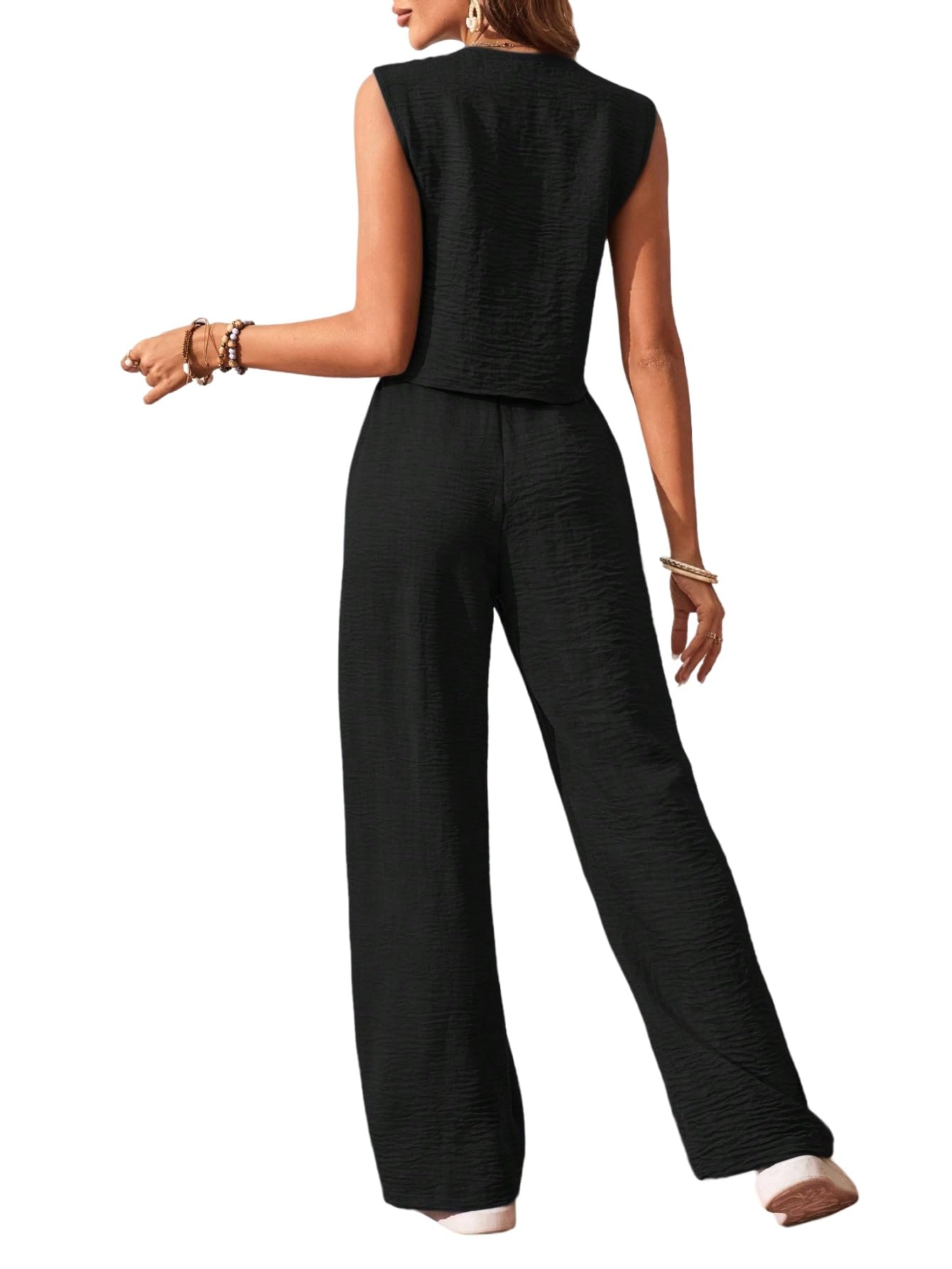 SweatyRocks Damen Zweiteiler Hosen Set Sommer Freizeitanzug mit Weste Bluse und Weite Hose Büro Casualanzug Urlaub Outfits