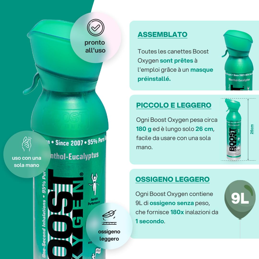 Boost Oxygen Eucalipto 9L (8 Pack) | Bomboletta di Ossigeno Puro al 95% Portatile per Recupero, Concentrazione e Energia