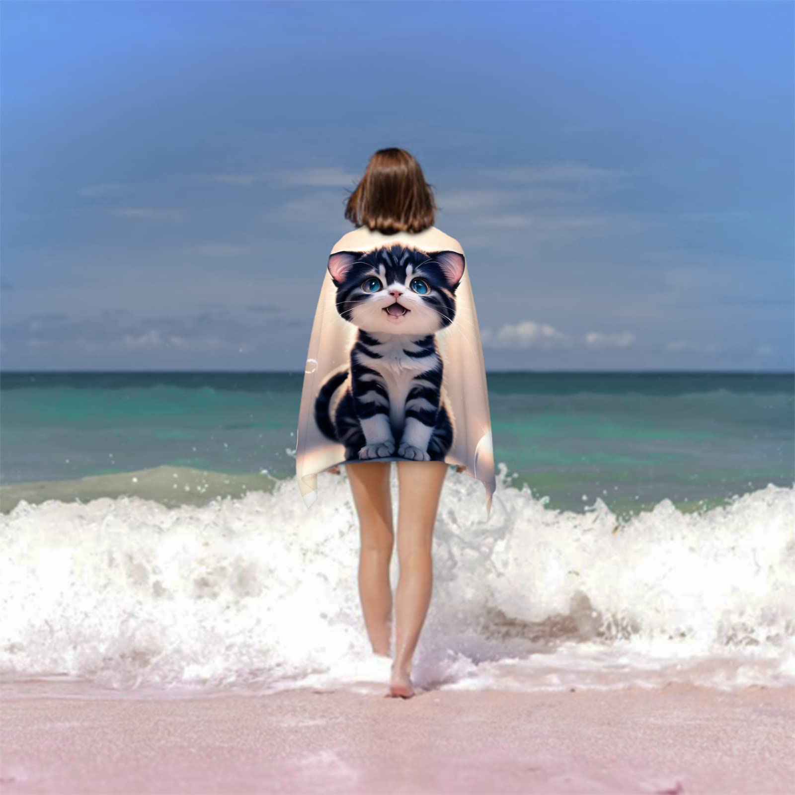 Serviette de Plage 100x200 Chat 3D, Femme Homme, 3D Mignonne Serviette de Bain Grande Microfibre Séchage Rapide Absorbant Drap de Plage pour Bain Voyage Camping