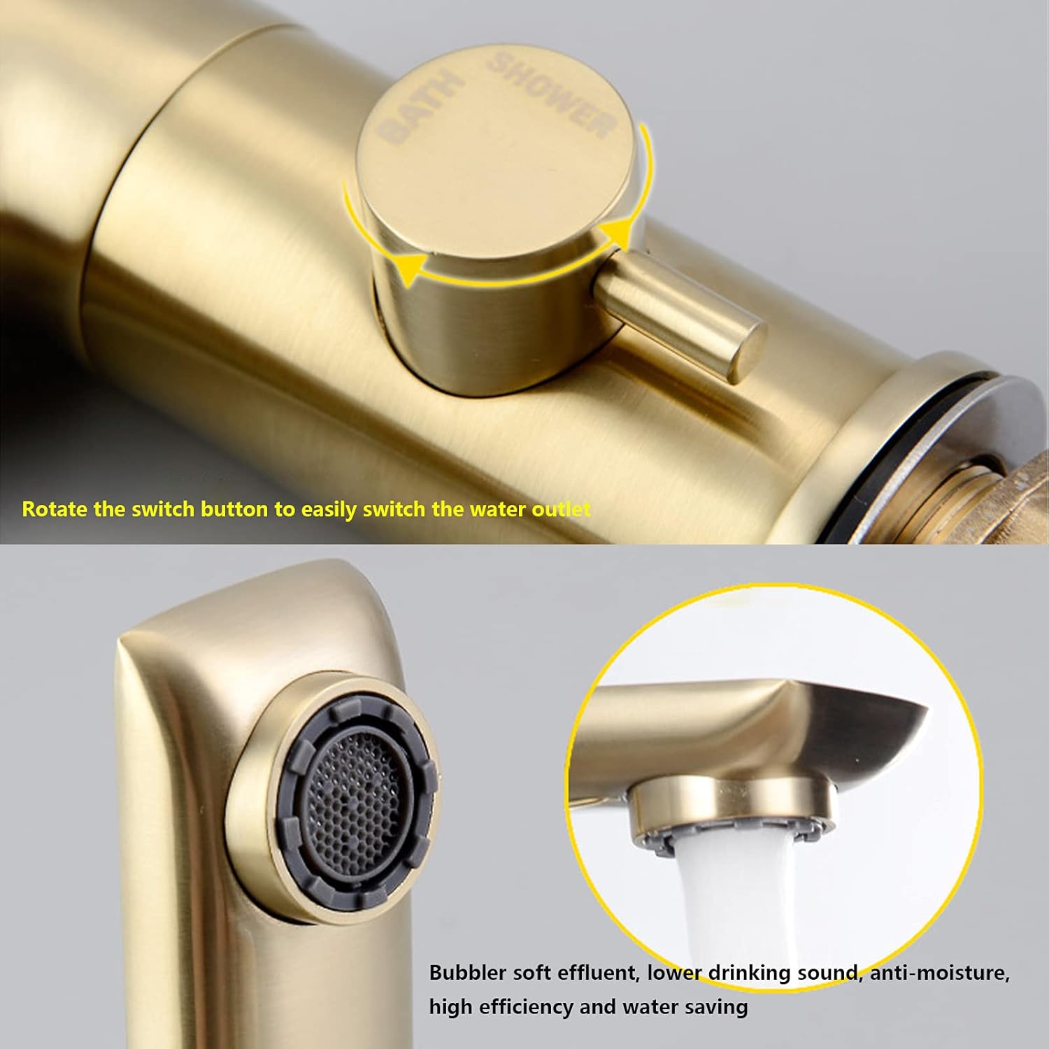 Split Bathtub Faucet, All Copper Brushed Gold Basin Faucet, Three Or Four Hole Hot and Cold Water Mixer Tap, 360°Rotation Bathroom Faucet Set with Portable Shower,A (Color : A)