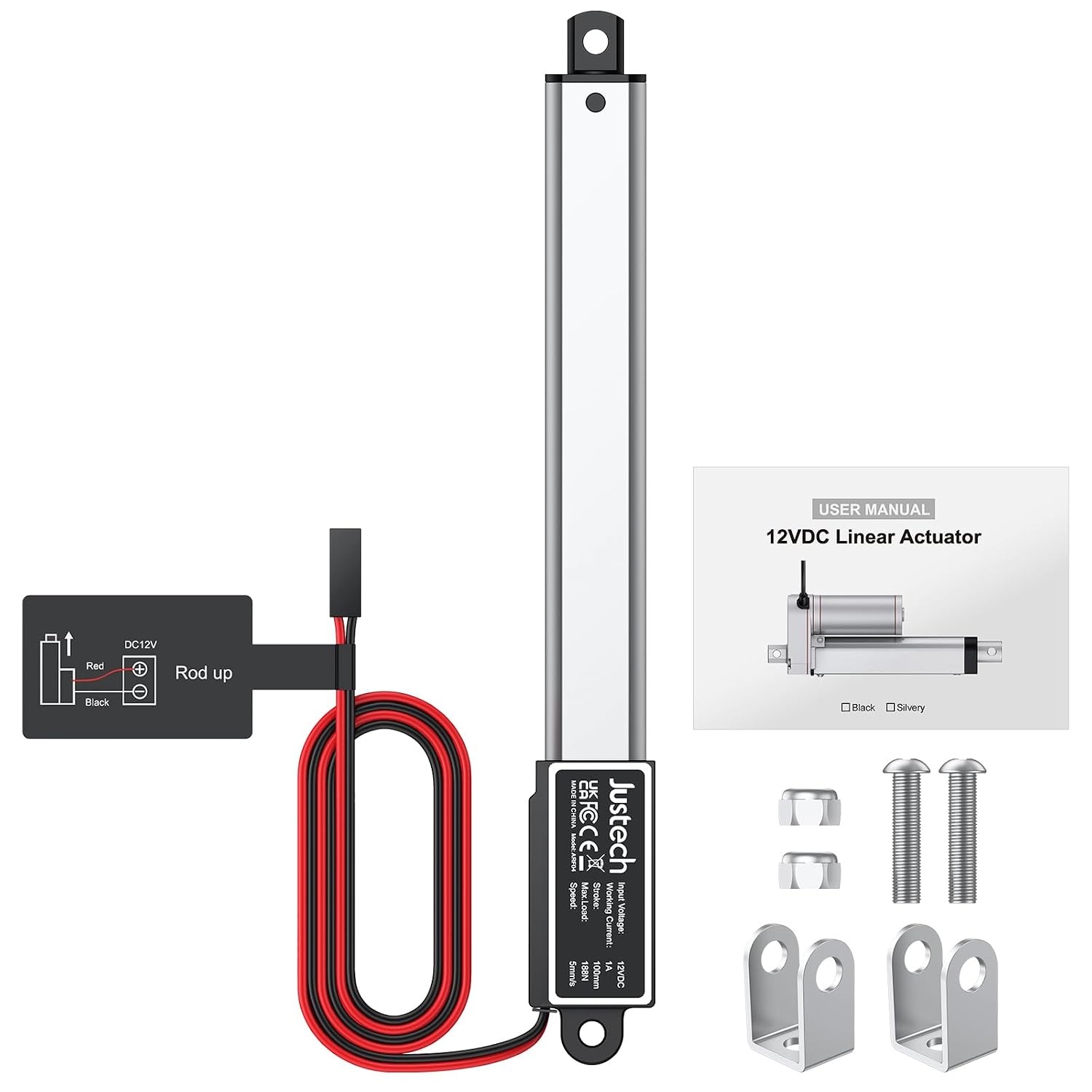 Justech 4"/100mm 42lbs/188N 12V Mini Linear Actuator IP54 Waterproof 5mm/s