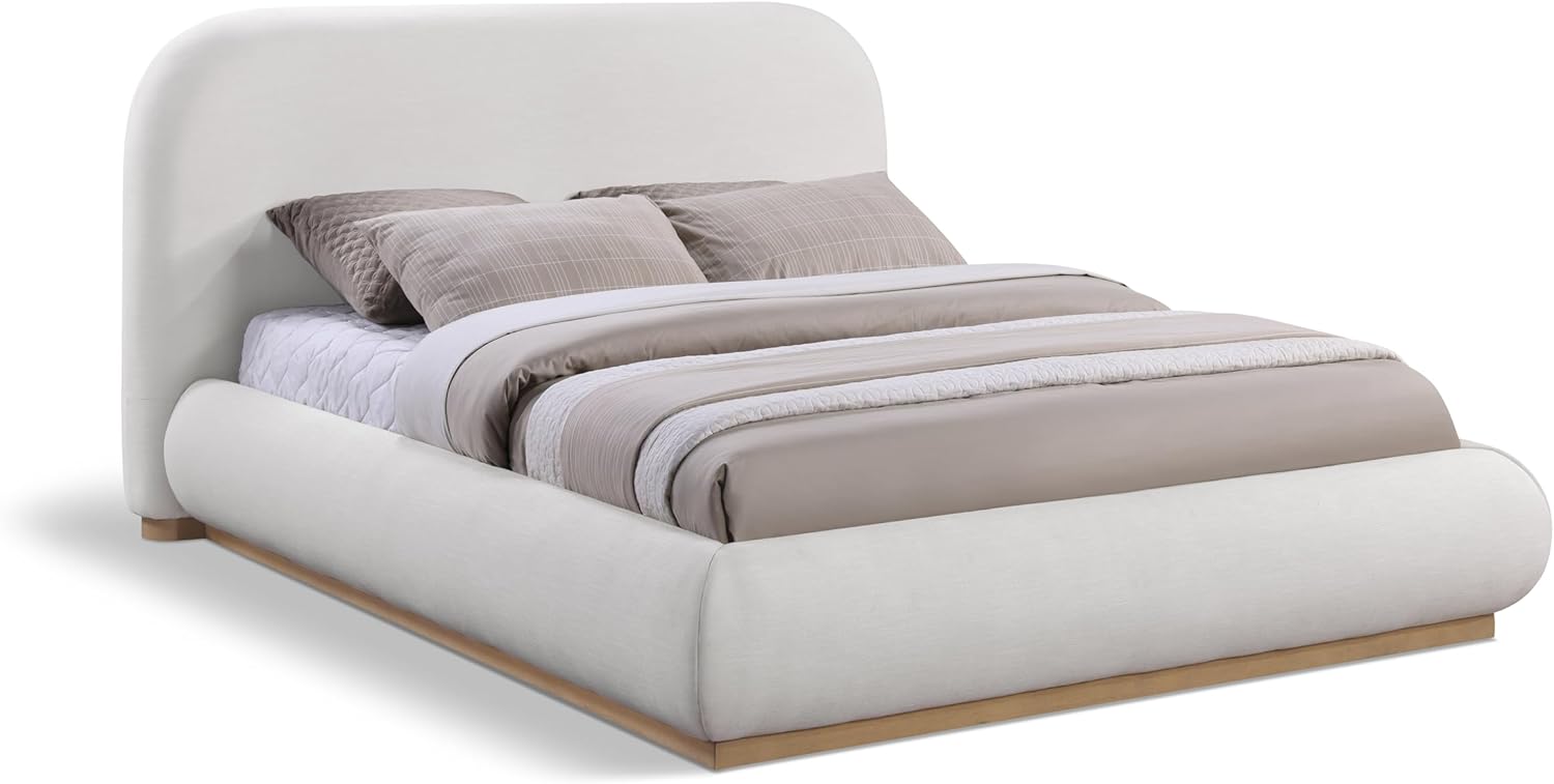 Meridian Furniture B1208Cream-Q Vaughn Collection Modern | Contemporary Queen Bed with Rich Cream Linen Textured Fabric, Natural Finish Solid Wood Base, 73.23" W x 92.91" D x 45.09" H, Cream, Queen Cream Queen (U.S. Standard) Linen Textured Fabric / Natur