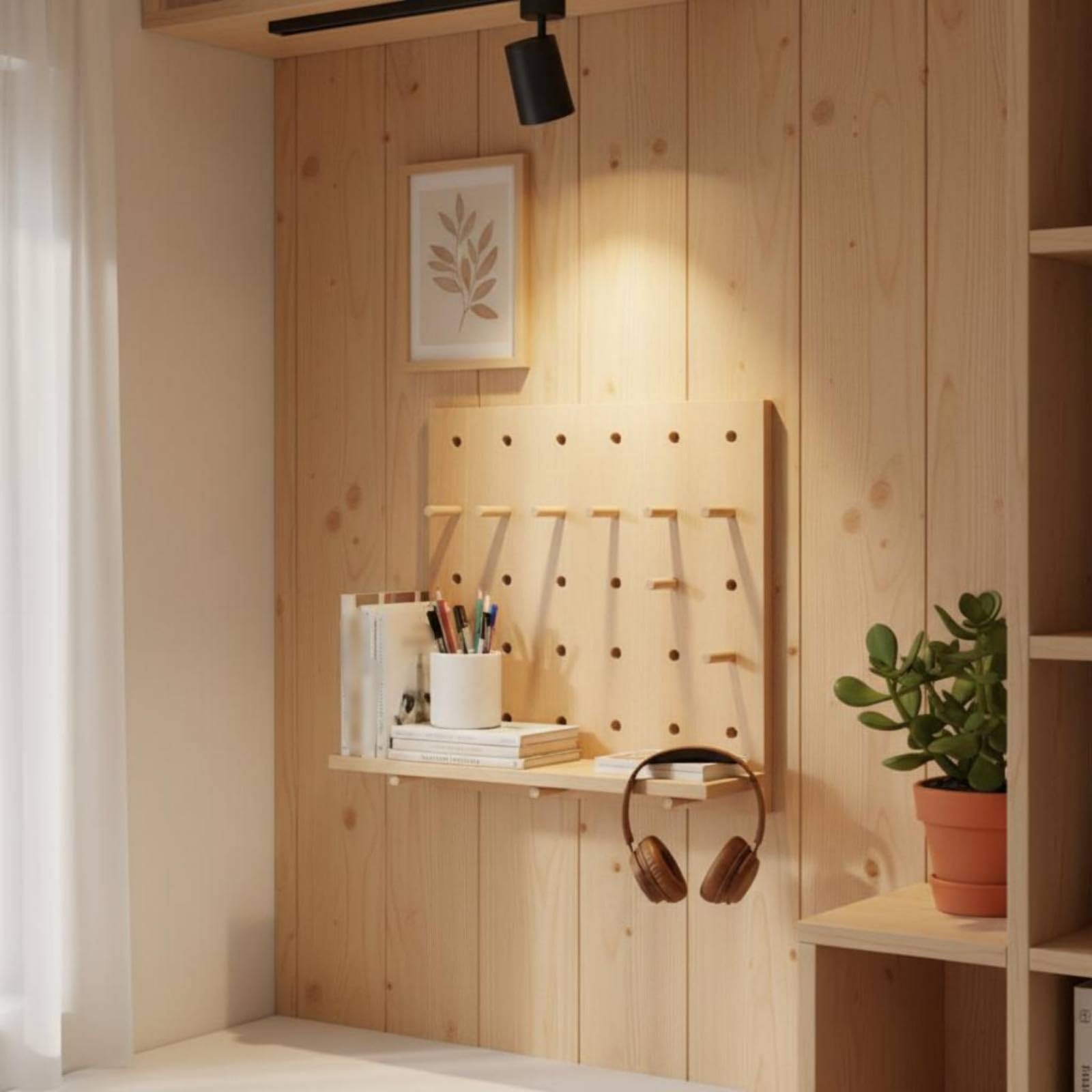 Estantería de Pared Organizador de Tablero Perforado Estante Perchero Soporte Tablero Ajustable con Estantes y Pernos Móviles Decoración Limpia Estilo, Madera Natural A