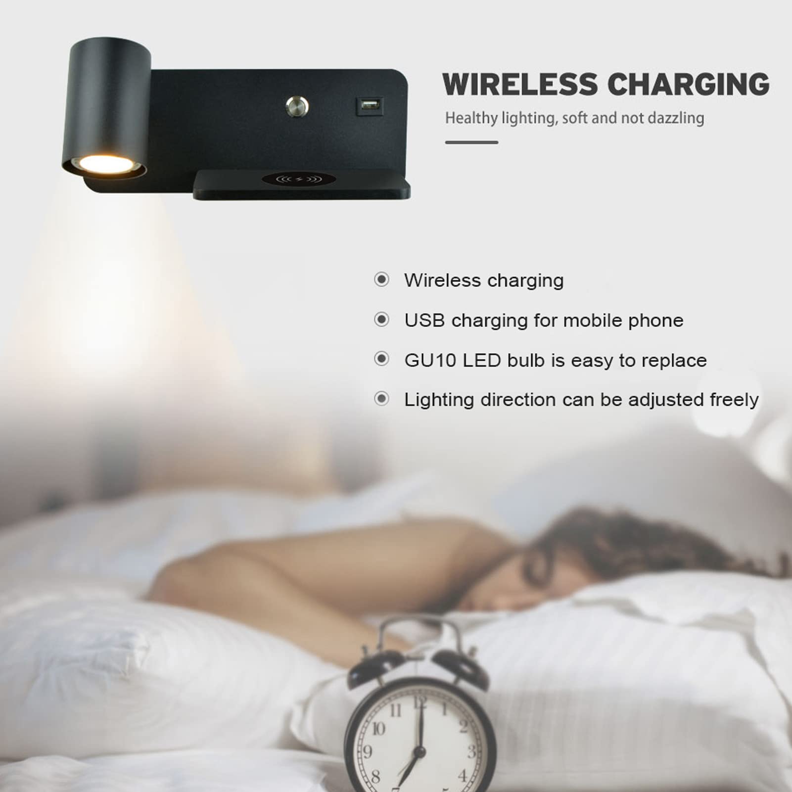 Kinkiet ścienny, 330° Plus 150° Regulowany Kinkiet USB do ładowania Bezprzewodowego Prosty Stylowy Kinkiet LED z płaską półką ładującą do Sypialni, Biura, Przy łóżku (Czarna Lewica)