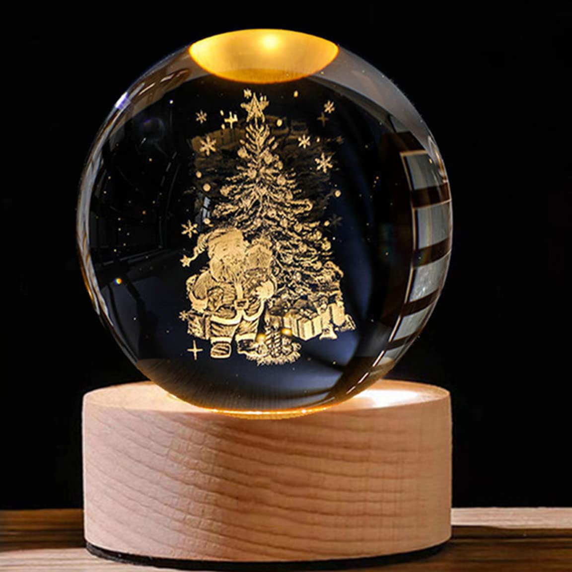 3D Planet Crystal Ball Night Light With Wooden Base - Moon LED Light, Engraved Solar System Planets - Home Decoration