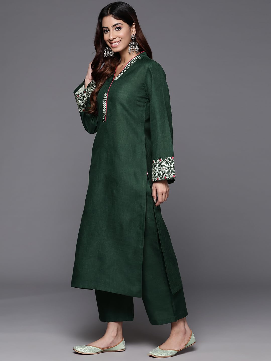 Varanga Women Green Embroidered Kurta With Long & Flared Sleeves, Tonal Bottom, Intricate Embroidery For A Chic & Comfortable Look