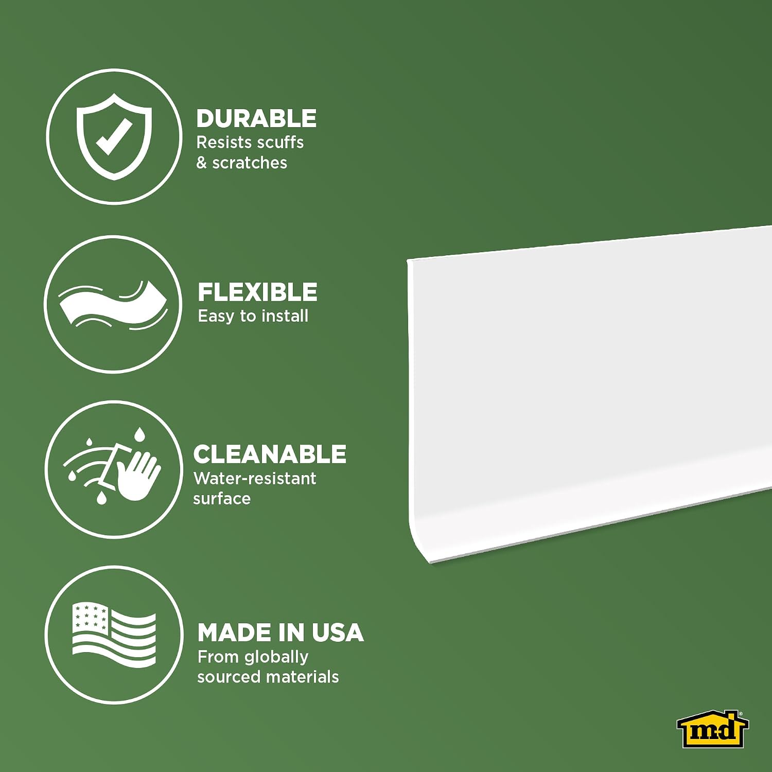 M-D Building Products 4-Inch x 4-Feet Dry Back Vinyl Wall Base, Flexible Dry Back Vinyl Trim with Toe - Easy Install Molding Trim for Floors and Baseboards, White (75317)