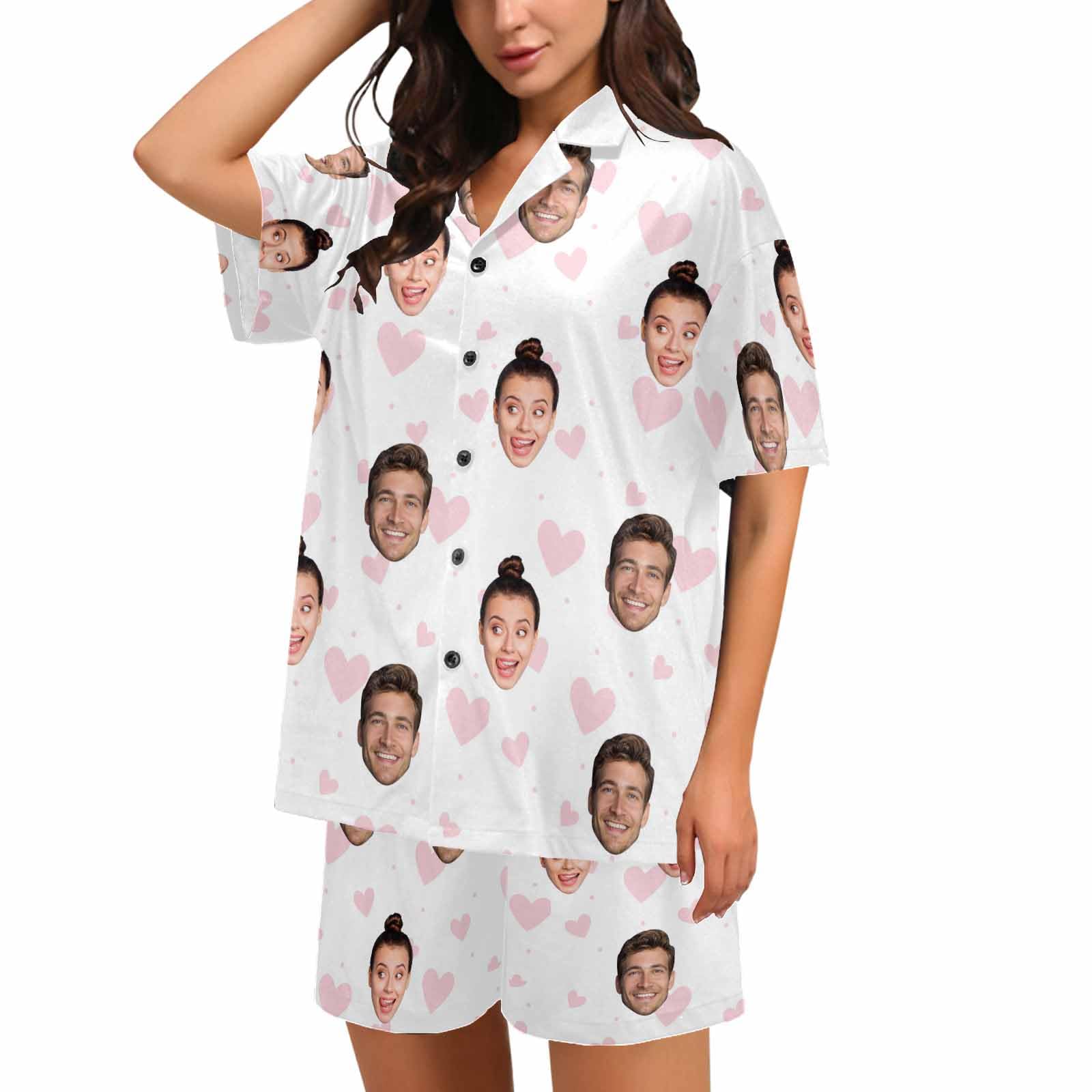 Set di pigiama da donna con viso personalizzato divertente pigiama da donna con foto estate scollo a V 2 pezzi PJS in raso abbigliamento da notte da donna set corto