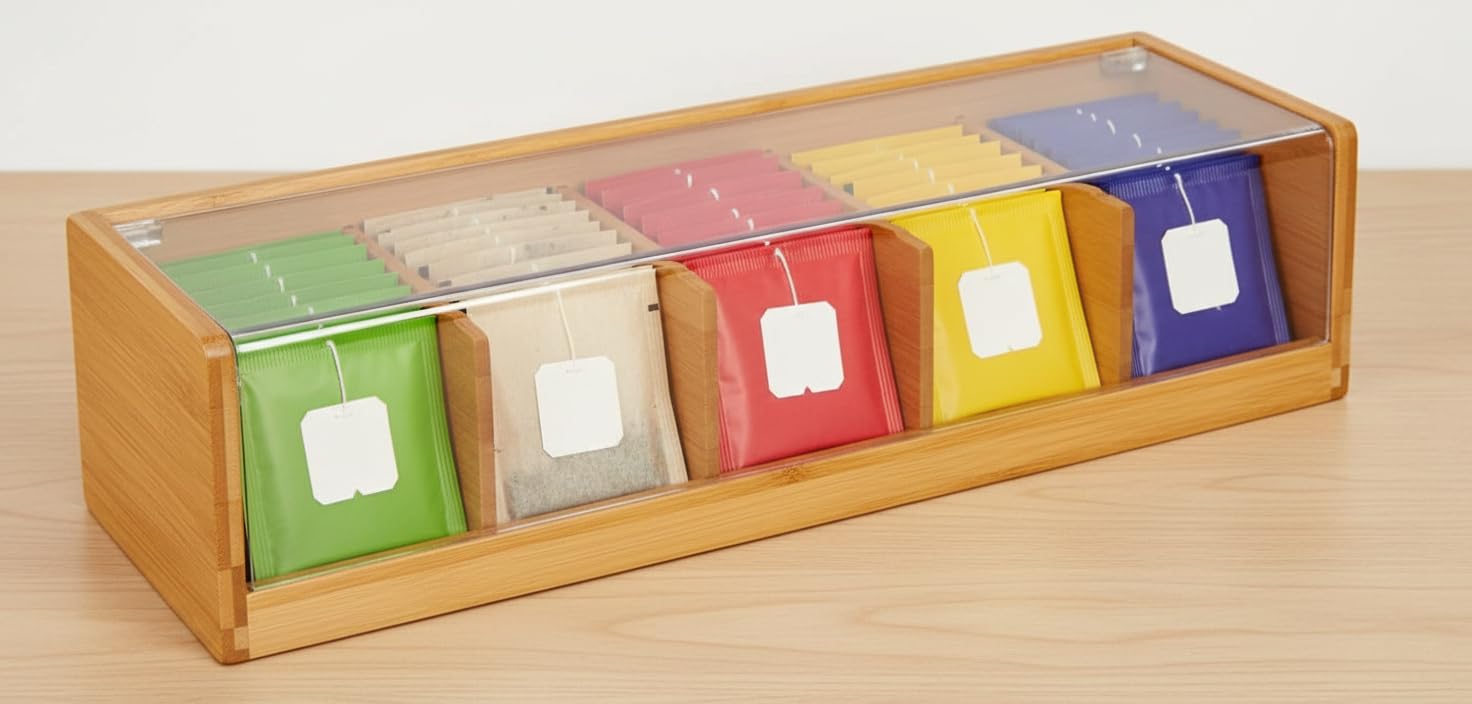 VITA PERFETTA - Caja de té con 5 compartimentos de bambú, caja de almacenamiento para bolsas de té (36 x 11 x 9 cm)