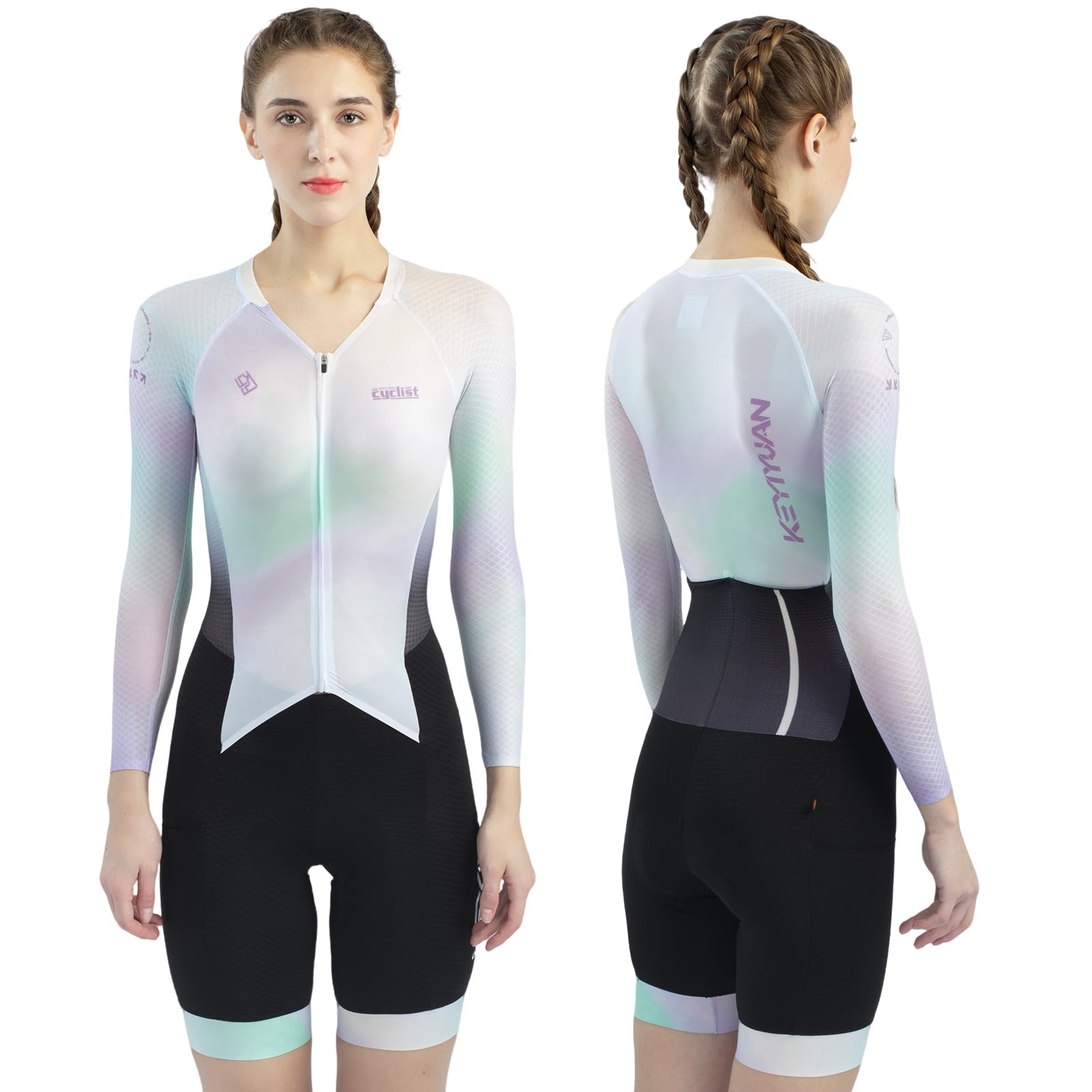 Damen Radsport Einteiler Triathlonanzug mit hochdichter Sitzpolsterung, Aero Cycling Skinsuit, atmungsaktiv schnelltrocknend UV-Schutz, geeignet für Rennradfahren Triathlon