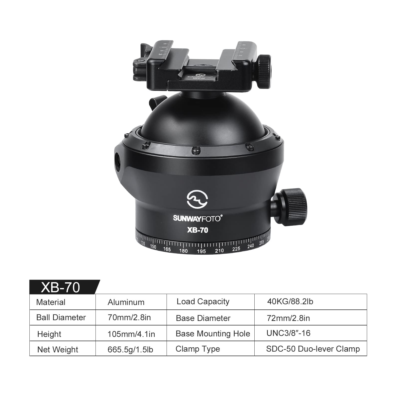 SUNWAYFOTO Testa a sfera XB-70 70 mm per treppiede da caccia, carico 40 kg