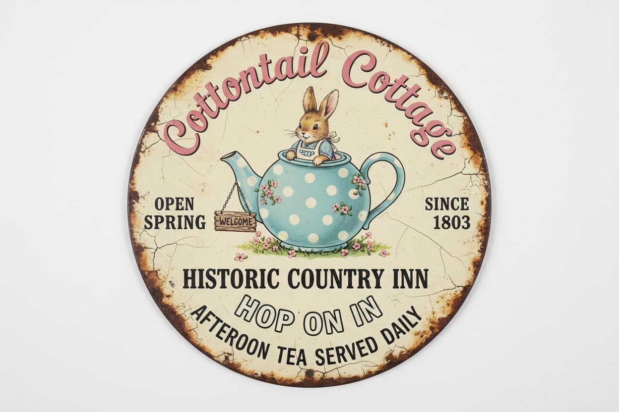 Cottontail Cottage Easter Wreath Round Metal Tin Sign Vintage Wall Art for Home Farmhouse Kitchen Living Room 12x12inch