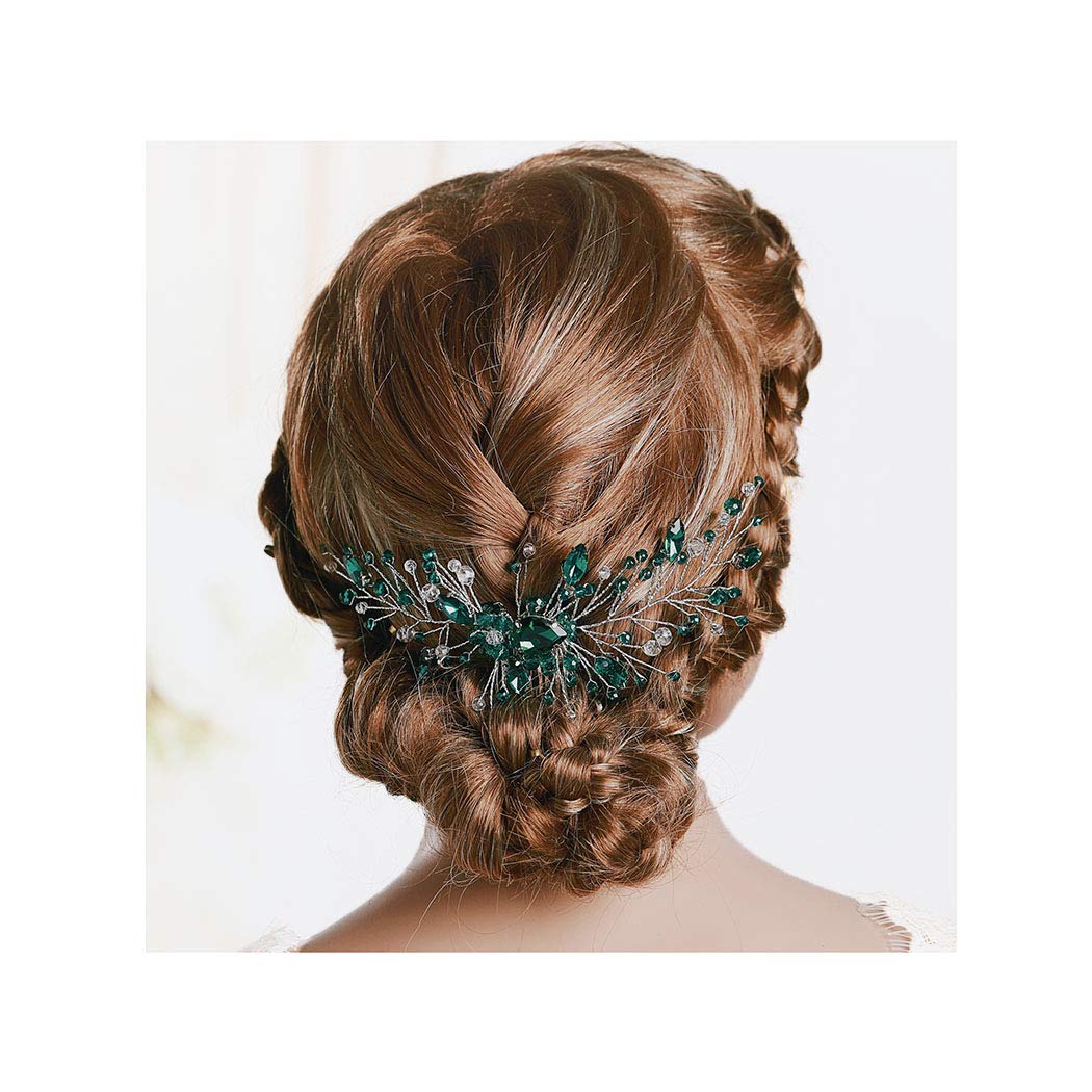 IYOU Diadema de princesa con cristales verdes, peineta para novia, accesorios para el pelo para bodas, para mujeres y niñas (plateado)