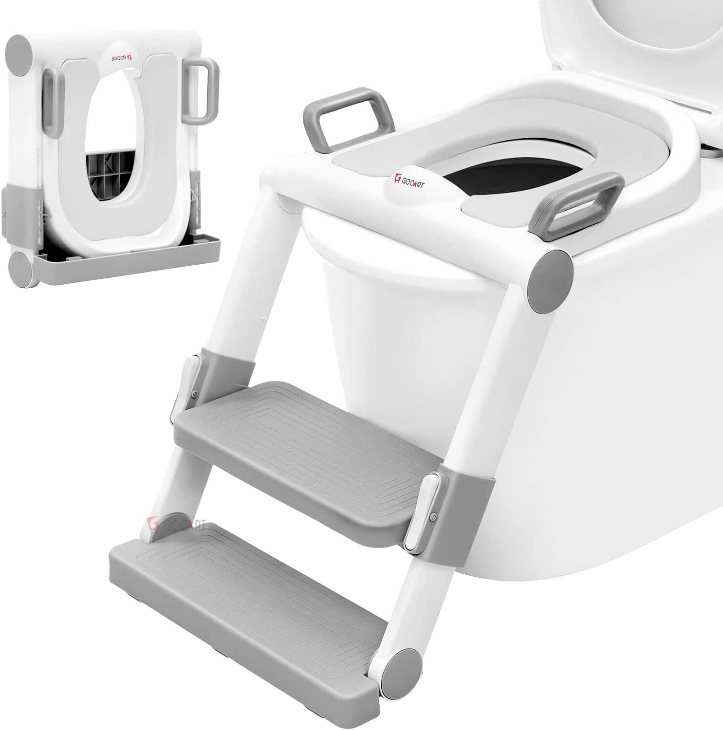 GOCART WITH G LOGO Baby Foldable Potty-Trainer Seat for Toilet Potty Stand with Ladder Step up Training Stool with Non-Slip Steps Ladder Adjustable Foldable for Boys Girls Toddlers Kids (GREY)