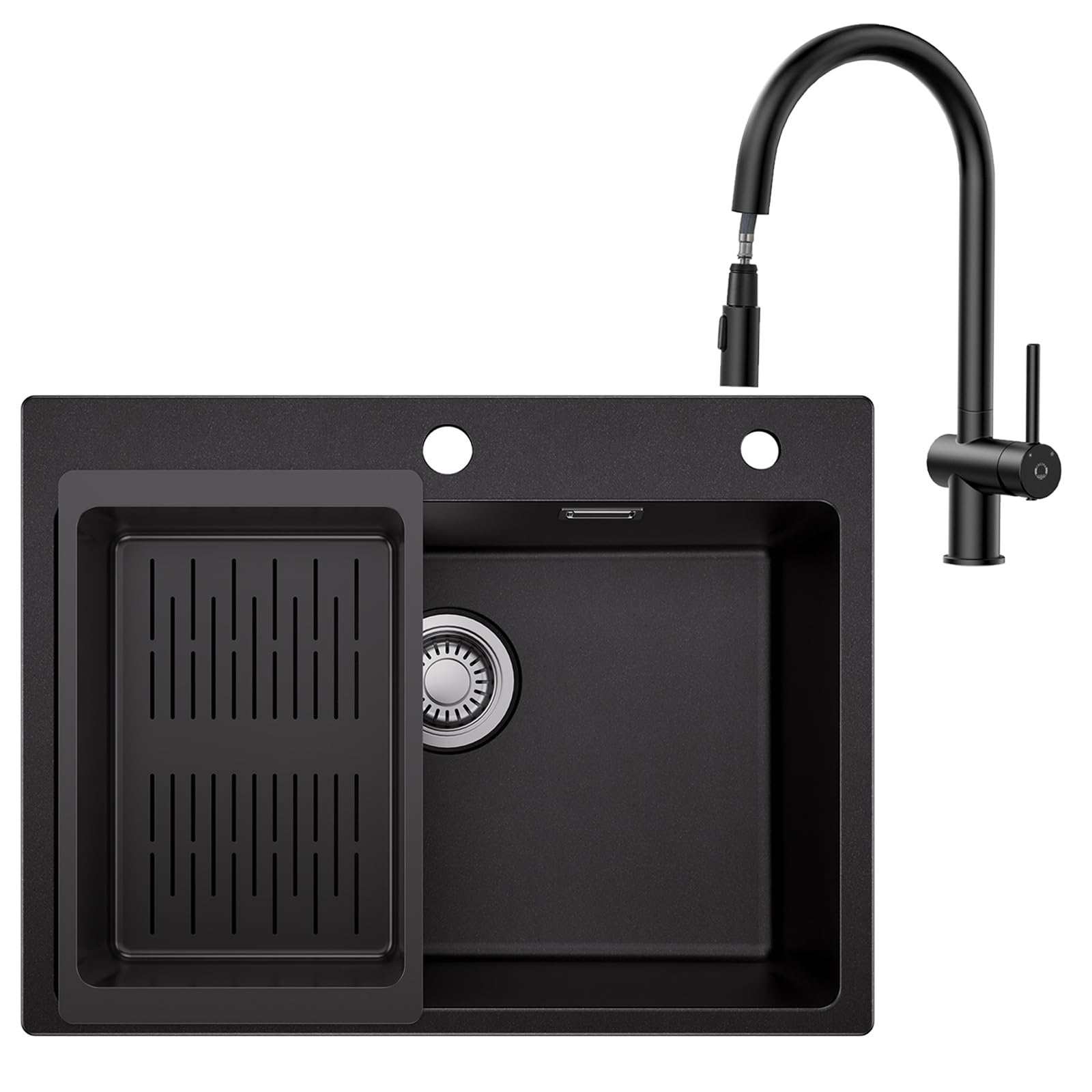 Set di lavello da cucina in granito nero, 60 x 45 cm, con miscelatore e rubinetto girevole a 360°, 2 tipi di getti