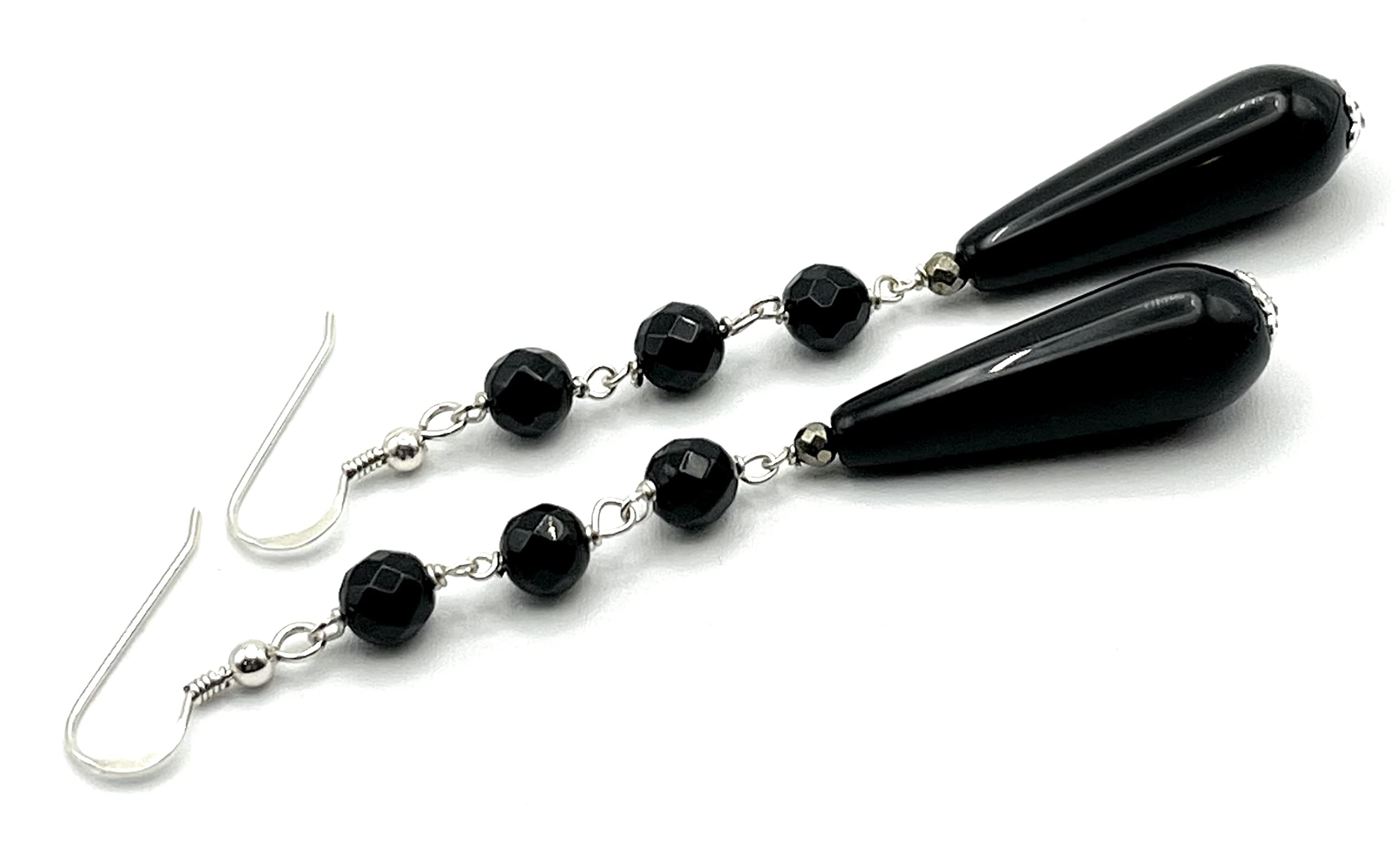 Orecchini in argento 925 e onice nero, pendenti lunghi a goccia, gioielli con pietre dure naturali, bijoux moderni, regalo per lei