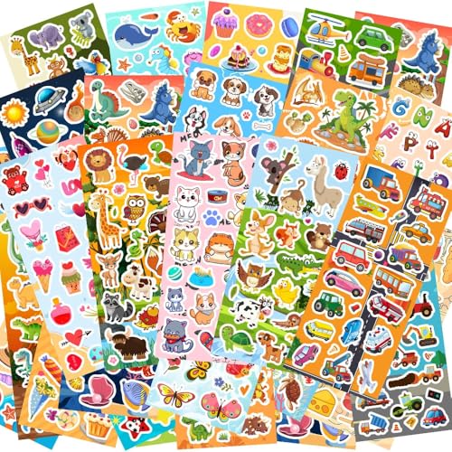48 Sheets Stickers for Kids Cute Stickers Variety Pack for Scrapbooking Teachers Classroom Prizes Goodie Bag Stuffers Including Animals Cars Dinosaurs Fishes Hearts Stars and More