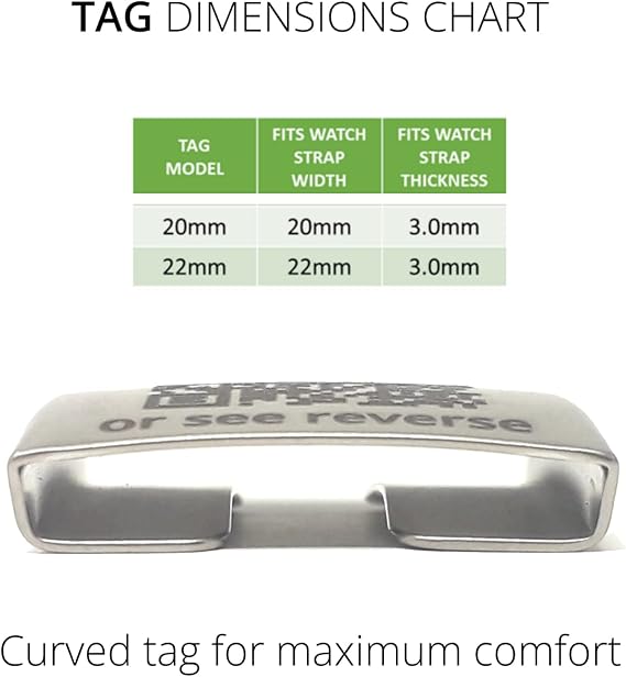 Watch Strap ID Tag. Medical Condition Alert Tag. Personalised Engraved Emergency Identity Tag. Quick Response Code works with ANY Phone (22mm, Diabetes T2)