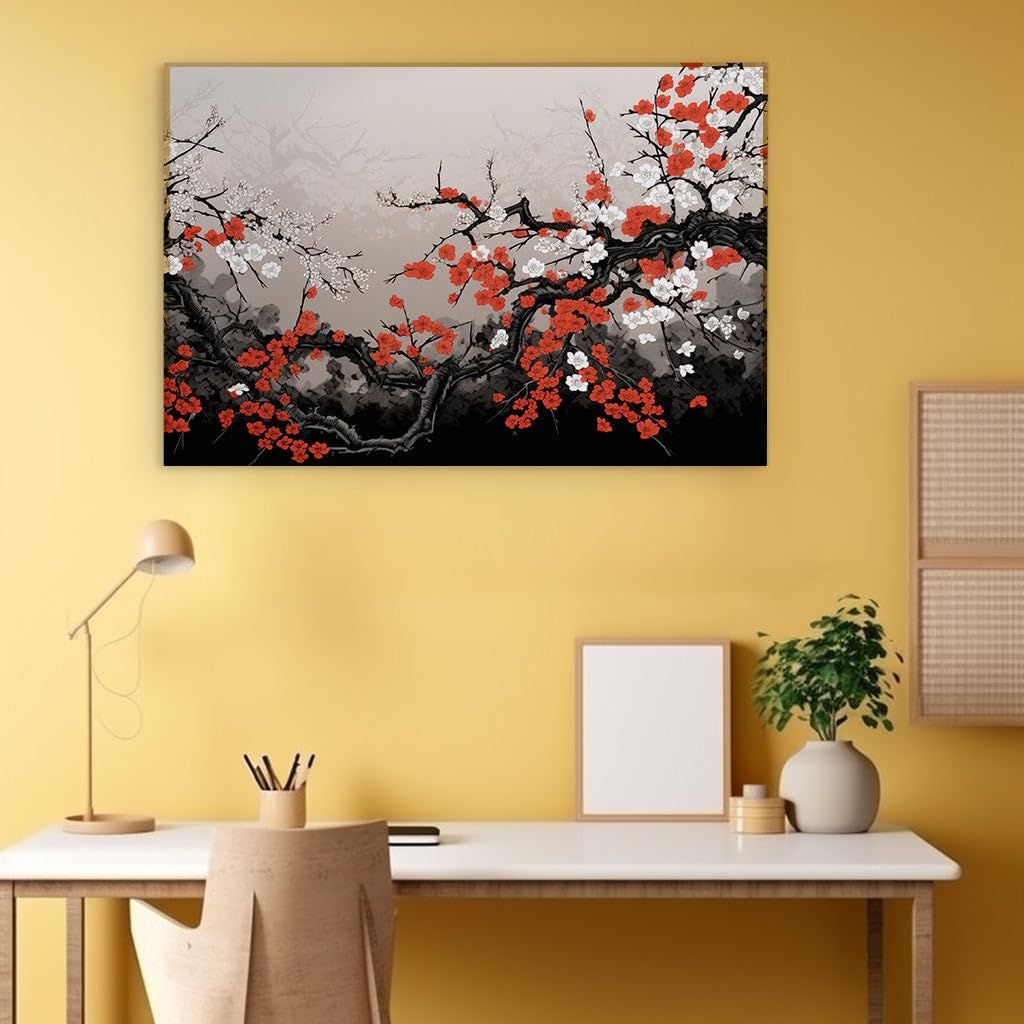 Canvas for Living room. Blossoming Contrast: The Enigmatic Black Tree Adorned in White and Red, 27 x 18 inch Canvas Wall Art - Modern Home Decor - 69x46 cm (27x18 inch)