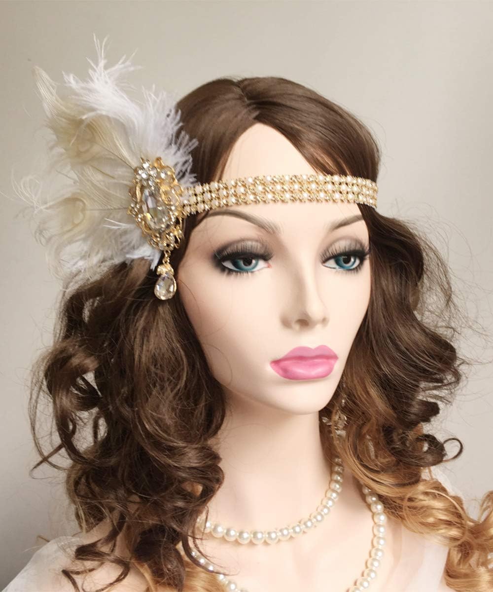 Anglacesmade Bridal 1920s Flapper Feather Headband with Crystal Pearl Head Chain White Feather Roaring 20s Headpiece Prom Party Festival Gatsby Hair Jewelry for Women and Girls - Image 3