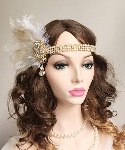 Miniatura 2 de Chmier Diadema de plumas estilo flapper de los años 20 con cadena de cabeza de perlas de cristal pluma blanca tocado de los años 20 fiesta de